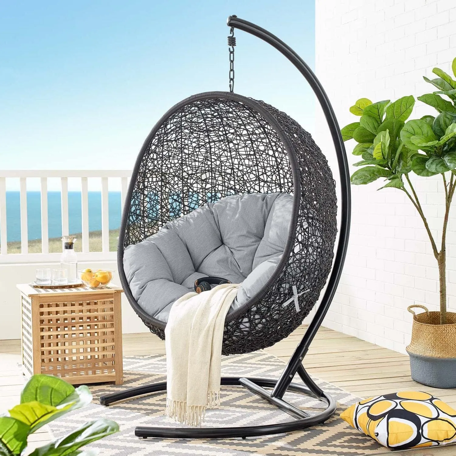 Modway EEI-3943-BLK-GRY Encase Wicker Rattan Outdoor Patio Porch Lounge Sunbrella Egg Swing Chair with Stand in Black Gray