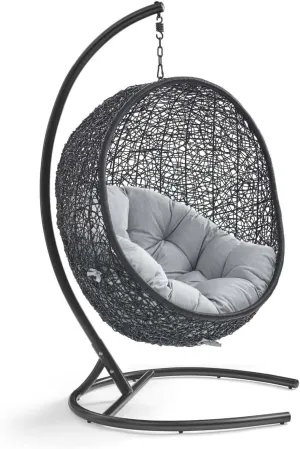 Modway EEI-3943-BLK-GRY Encase Wicker Rattan Outdoor Patio Porch Lounge Sunbrella Egg Swing Chair with Stand in Black Gray