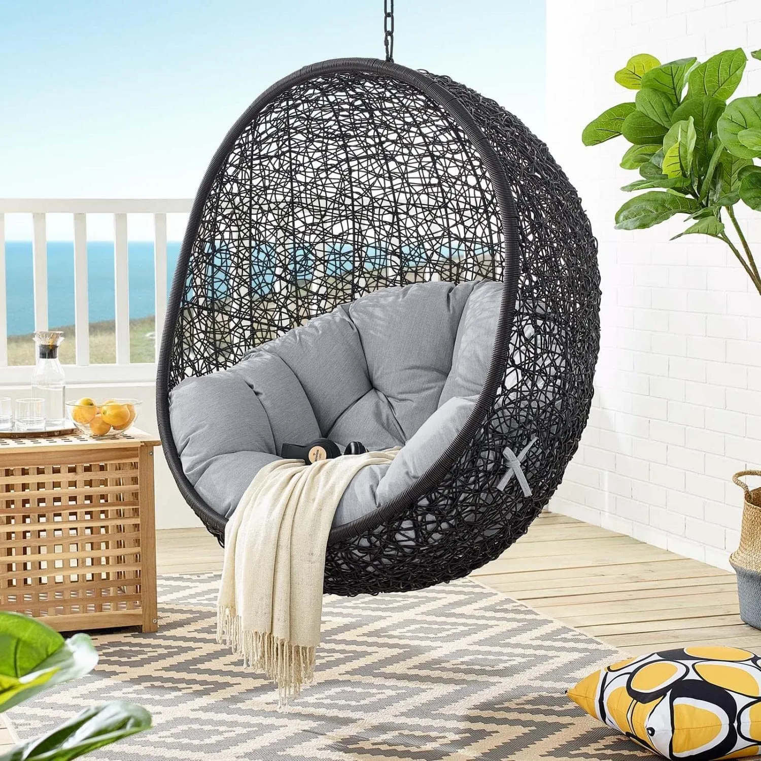 Modway EEI-3943-BLK-GRY Encase Wicker Rattan Outdoor Patio Porch Lounge Sunbrella Egg Swing Chair with Stand in Black Gray