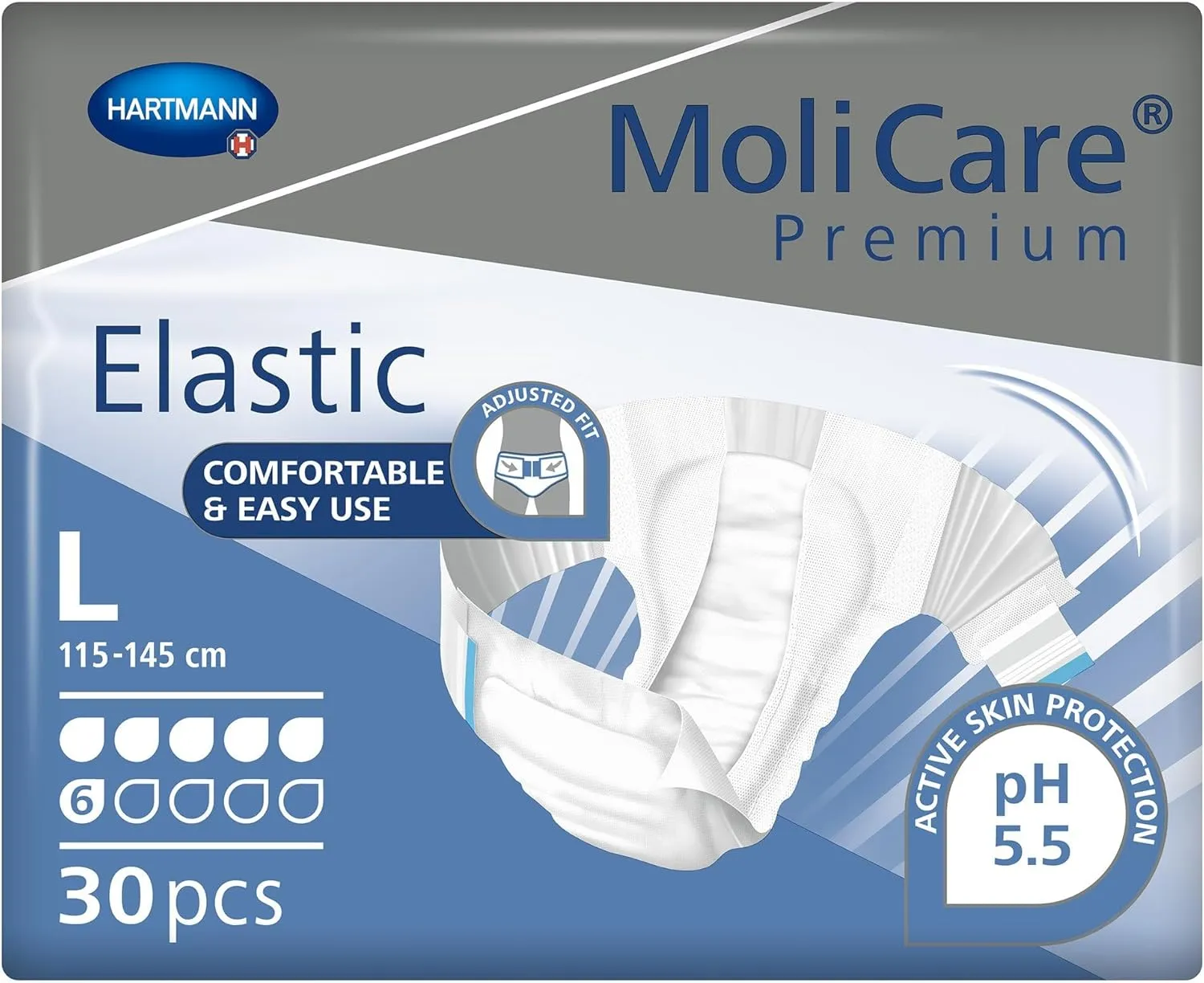MoliCare Premium Incontinence Brief, 6D - Moderate Absorbency Adult Diaper with Refastenable Tabs - Unisex, Size Large, 30 Count, 3 Packs, 90 Total