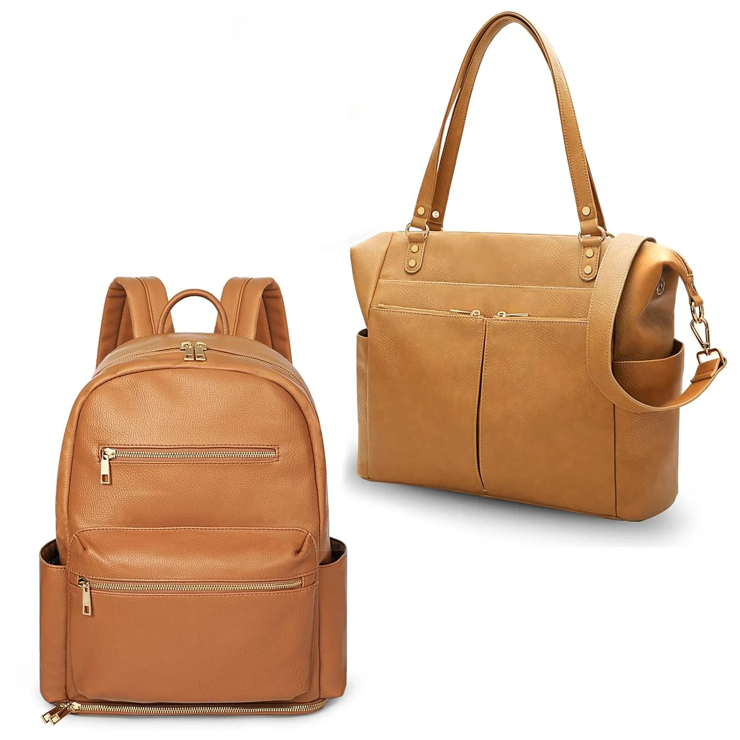 MOMINSIDE Diaper Bag Tote Leather Diaper Bag Backpack for Mom Dad Baby Registry Search, Large Travel Baby Bag for Boys Girls with Changing Station, Insulated Pockets, Bottom Compartment, Brown