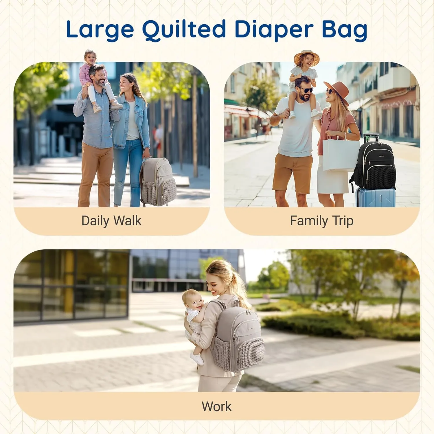 mommore Diaper Bag Backpack Large Baby Bag with Insulated Pockets, Laptop Sleeve Stroller Buckles, Quilted Travel Diaper Backpack with Luggage Strap
