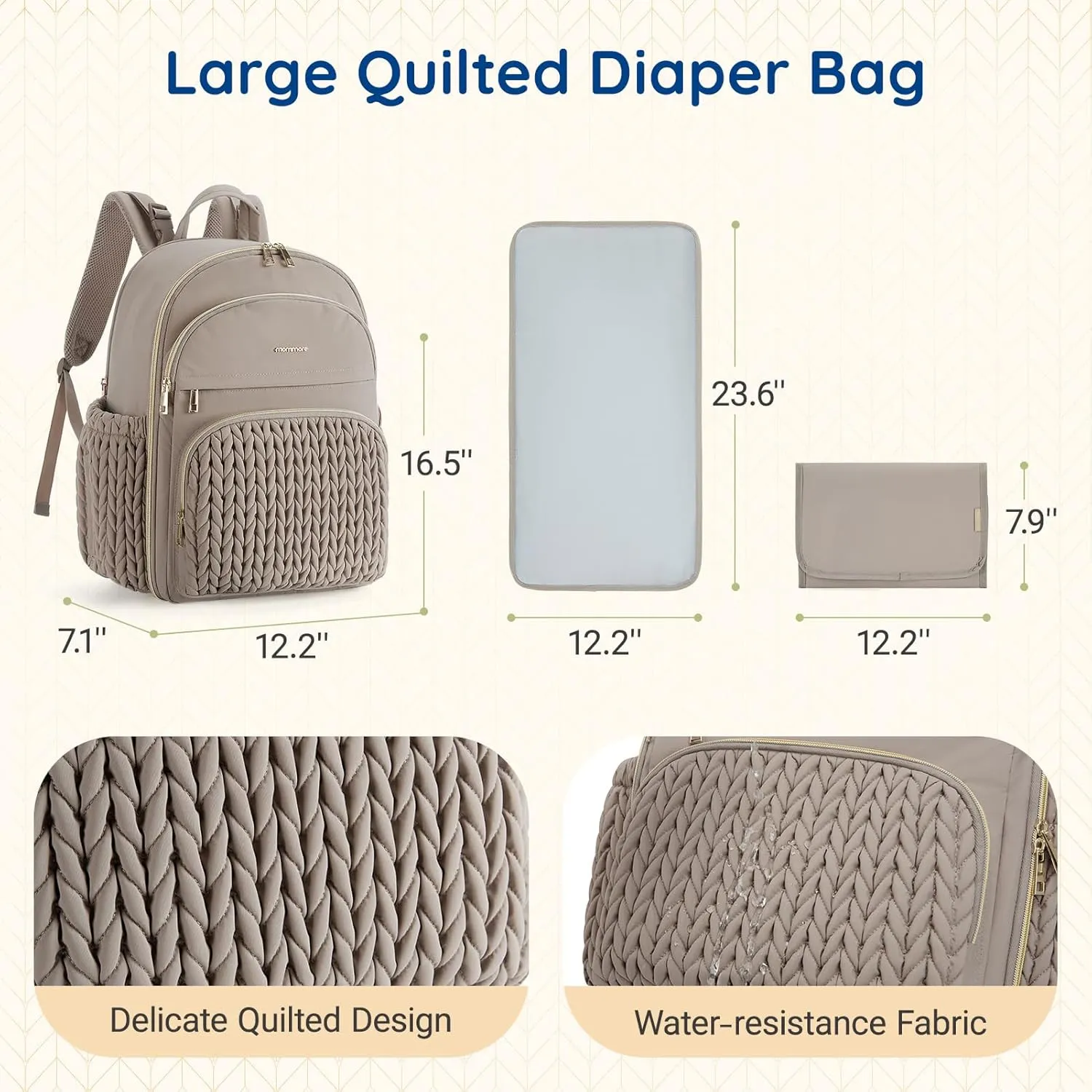 mommore Diaper Bag Backpack Large Baby Bag with Insulated Pockets, Laptop Sleeve Stroller Buckles, Quilted Travel Diaper Backpack with Luggage Strap
