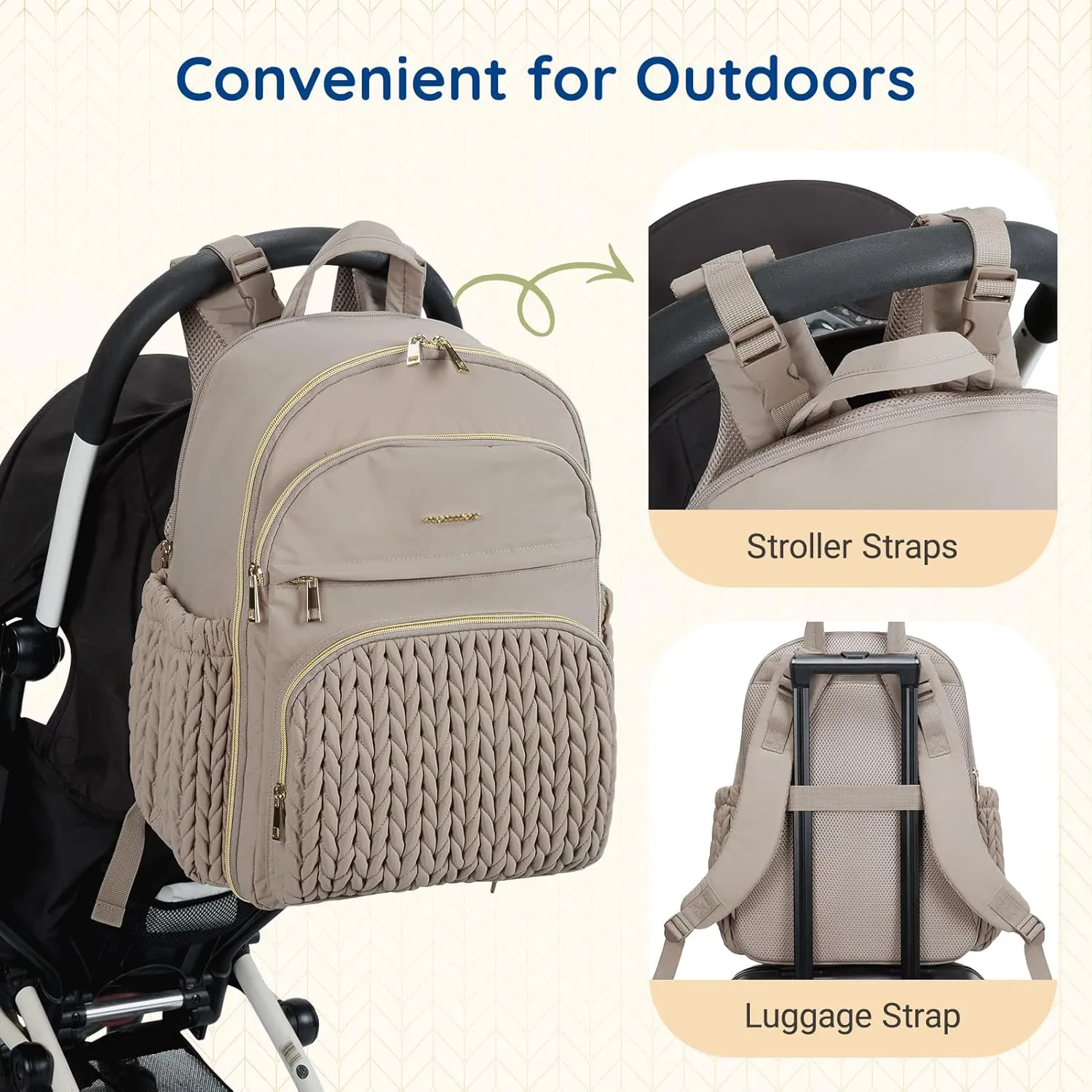 mommore Diaper Bag Backpack Large Baby Bag with Insulated Pockets, Laptop Sleeve Stroller Buckles, Quilted Travel Diaper Backpack with Luggage Strap