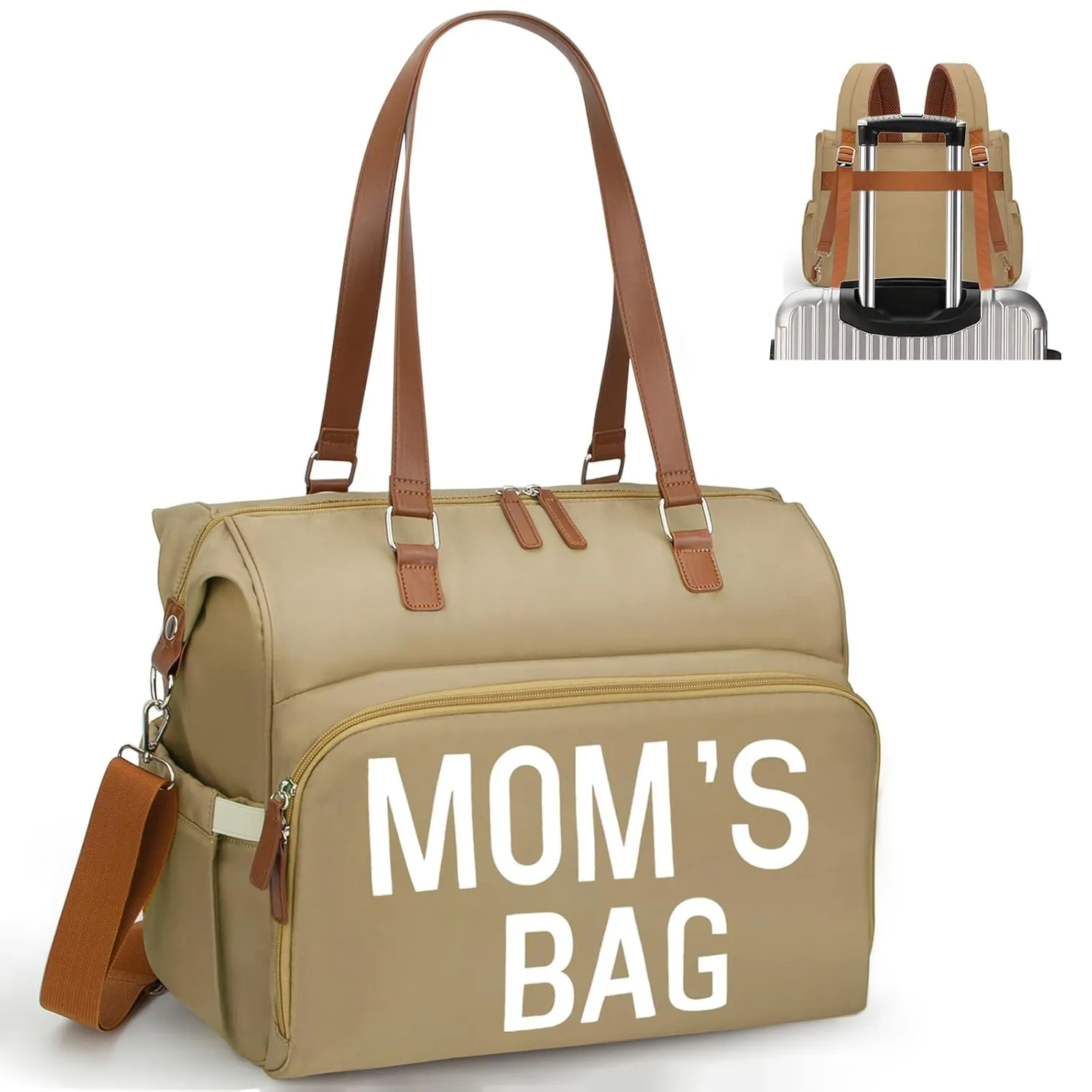 Mom‘s Diaper Bag 4 in 1 Diaper Baby Tote, Hospital Bag for Labor & Delivery, Large Waterproof Baby Travel Weekender with 3 Insulated Pockets, Khaki