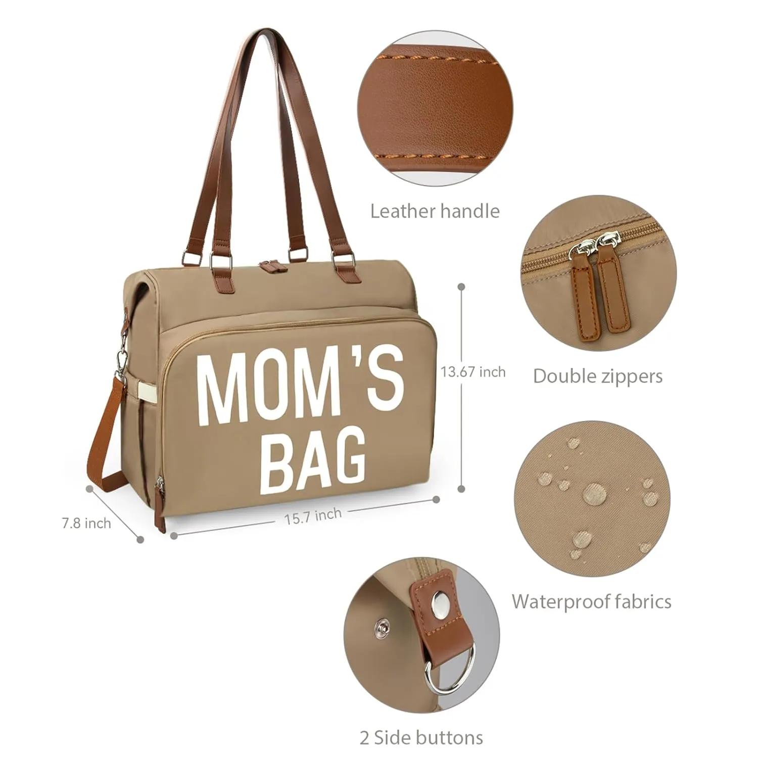 Mom‘s Diaper Bag 4 in 1 Diaper Baby Tote, Hospital Bag for Labor & Delivery, Large Waterproof Baby Travel Weekender with 3 Insulated Pockets, Khaki