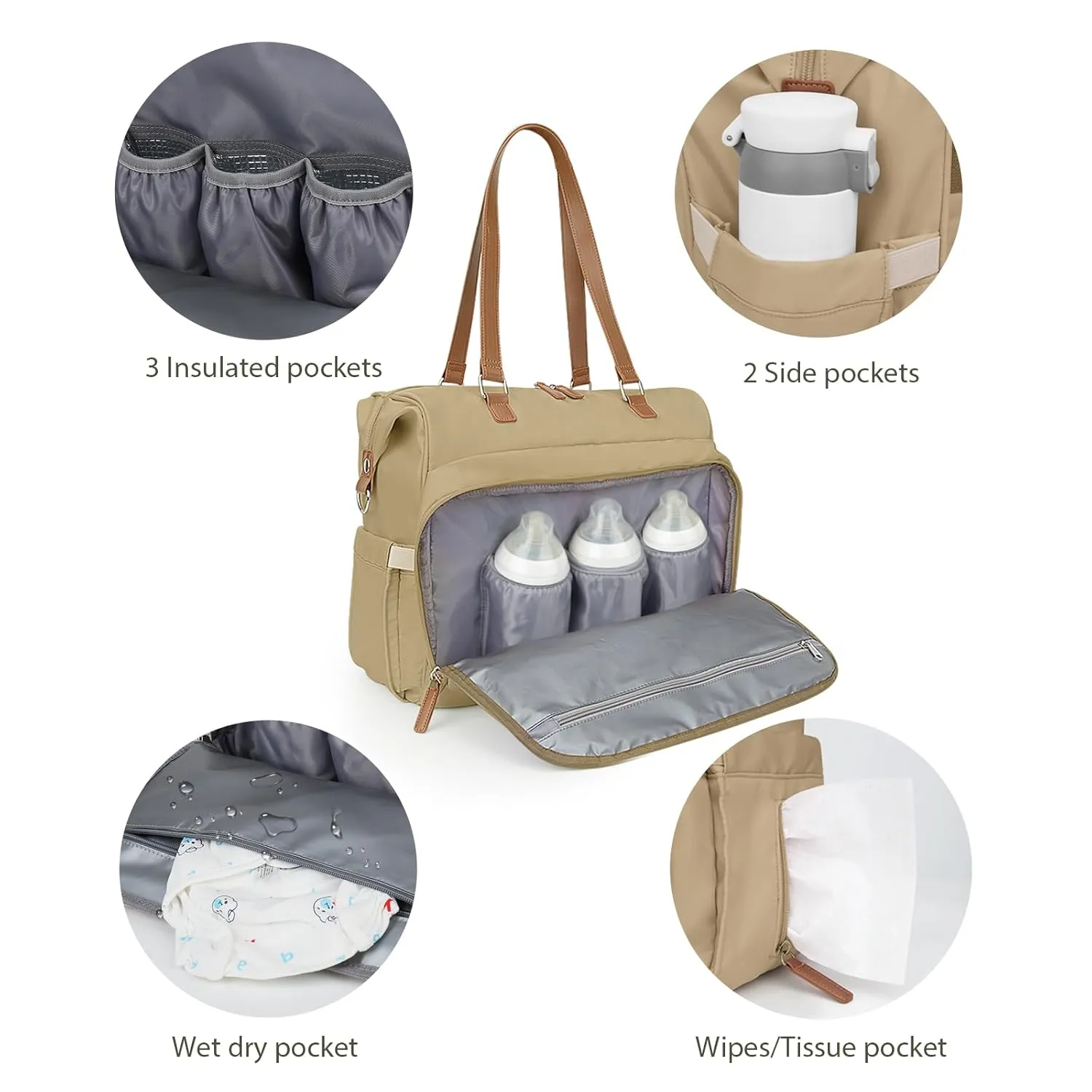 Mom‘s Diaper Bag 4 in 1 Diaper Baby Tote, Hospital Bag for Labor & Delivery, Large Waterproof Baby Travel Weekender with 3 Insulated Pockets, Khaki