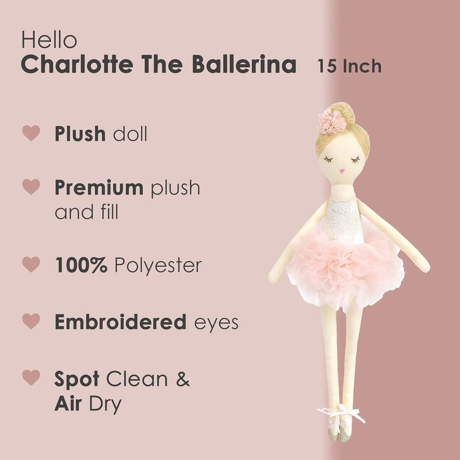 MON AMI Charlotte The Ballerina Stuffed Doll - 15”, Plush Ballerina Doll for Girls, Use as Toy or Room Decor for Kids of All Ages
