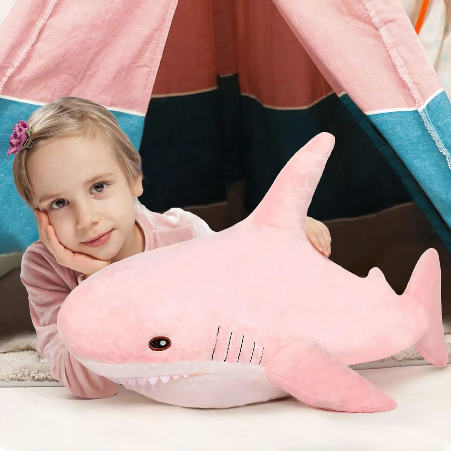 MorisMos Pink Shark Plush Toy, 40in Stuffed Animal, Giant Shark Stuffed Toy for Kids, Cuddly Plush, Birthday, Christmas Gift