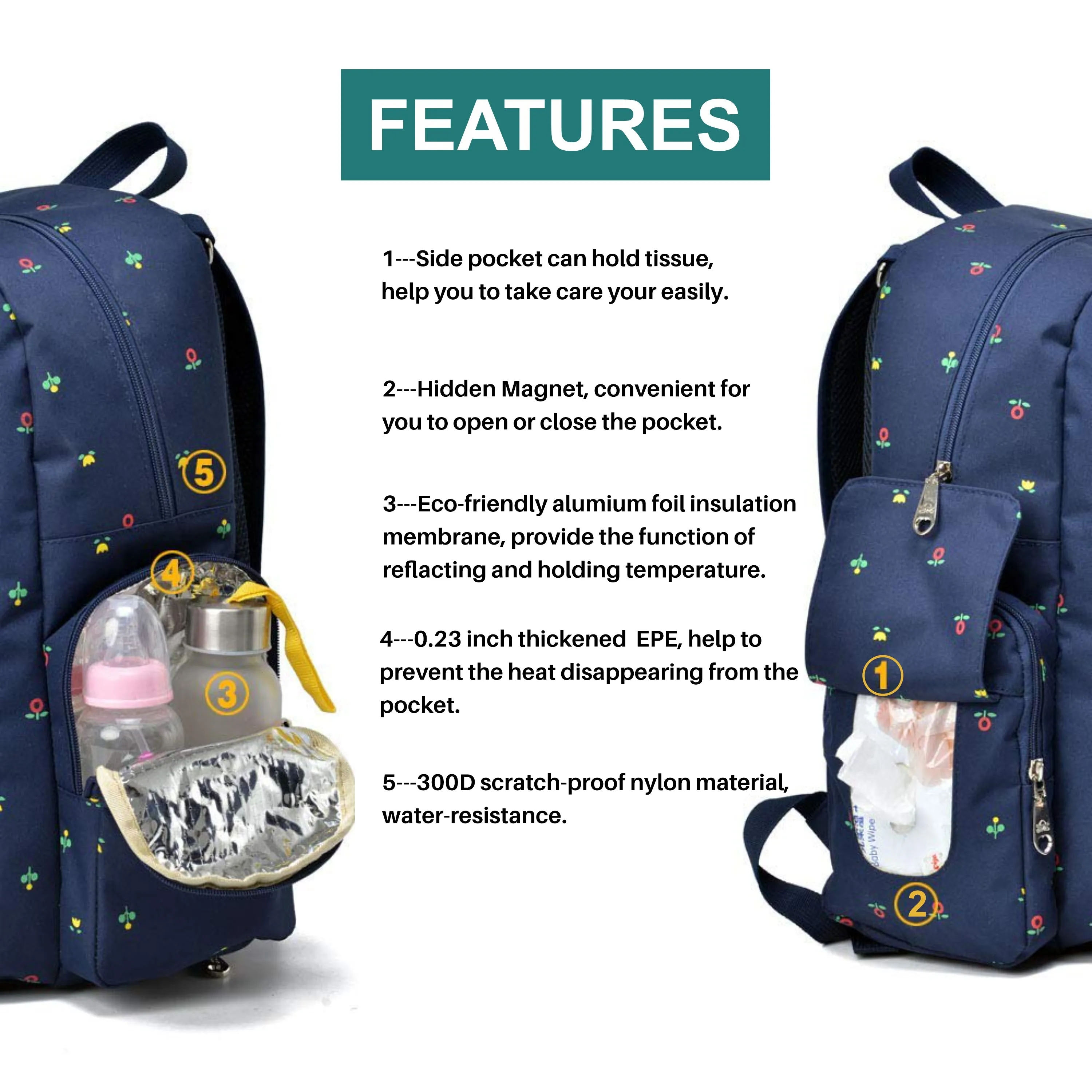 Motherly Stylish Babies Diaper Bags for Mothers with 1 Bottle Bag   1 Diaper Changing Mat   1 Set of Stroller Hooks (Blue Flower)