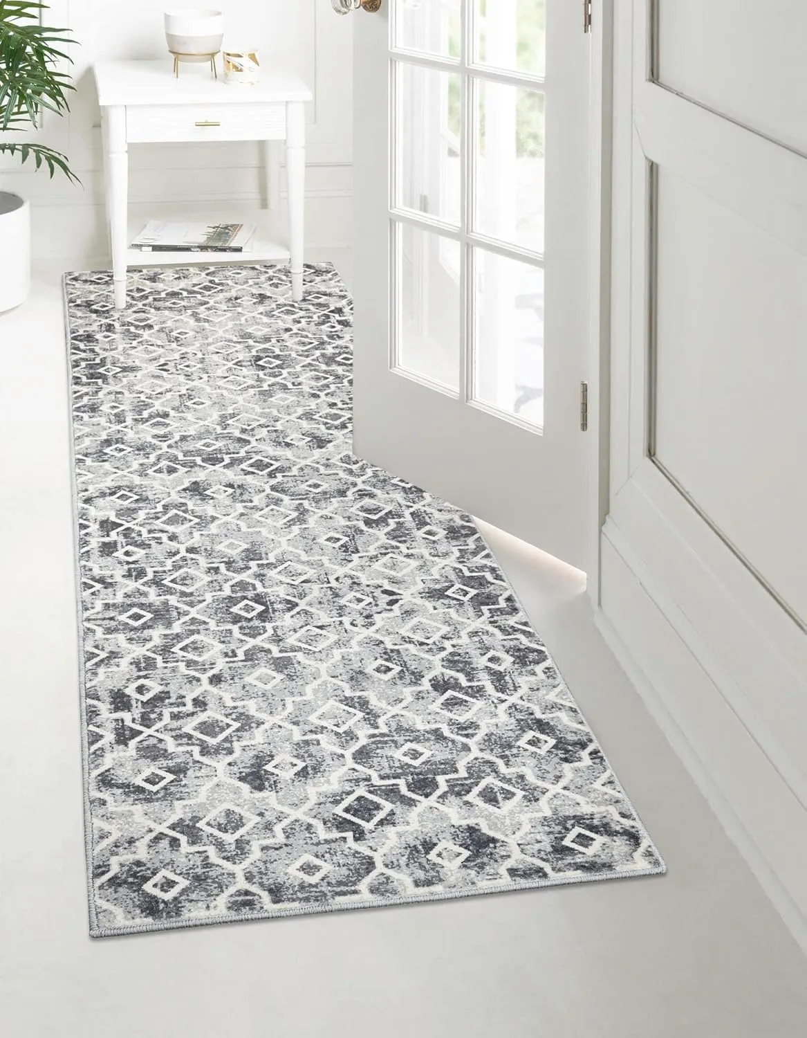 Moynesa Moroccan Washable Runner Rug 2x7 for Hallway, Boho Non-Slip Low Pile Distressed Grey Carpet for Kitchen Bedroom Bedside with Rubber Backing, Soft Long Indoor Faux Wool Throw Mat