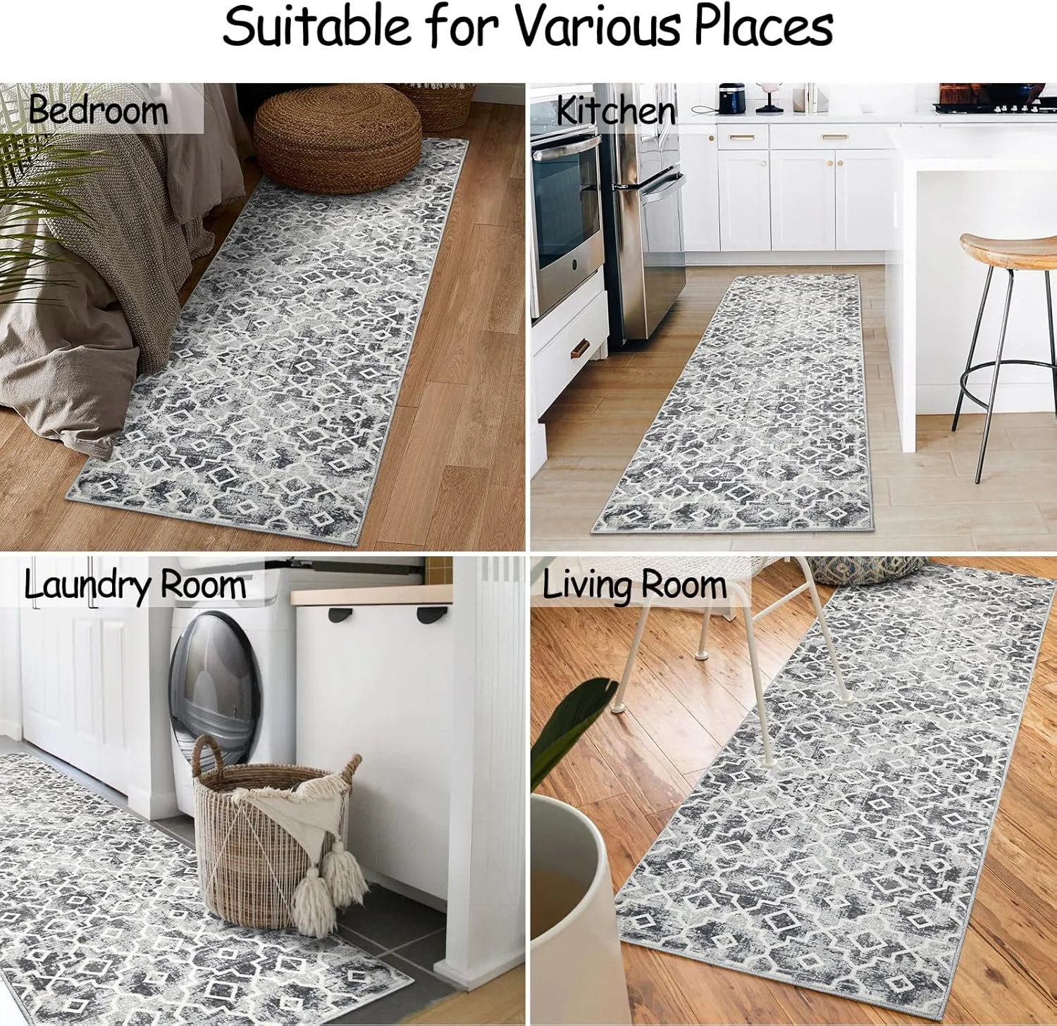 Moynesa Moroccan Washable Runner Rug 2x7 for Hallway, Boho Non-Slip Low Pile Distressed Grey Carpet for Kitchen Bedroom Bedside with Rubber Backing, Soft Long Indoor Faux Wool Throw Mat