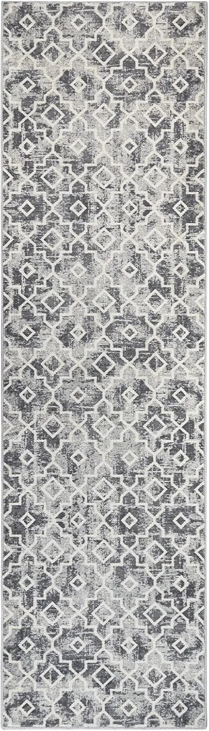 Moynesa Moroccan Washable Runner Rug 2x7 for Hallway, Boho Non-Slip Low Pile Distressed Grey Carpet for Kitchen Bedroom Bedside with Rubber Backing, Soft Long Indoor Faux Wool Throw Mat