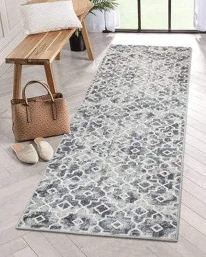 Moynesa Moroccan Washable Runner Rug 2x7 for Hallway, Boho Non-Slip Low Pile Distressed Grey Carpet for Kitchen Bedroom Bedside with Rubber Backing, Soft Long Indoor Faux Wool Throw Mat