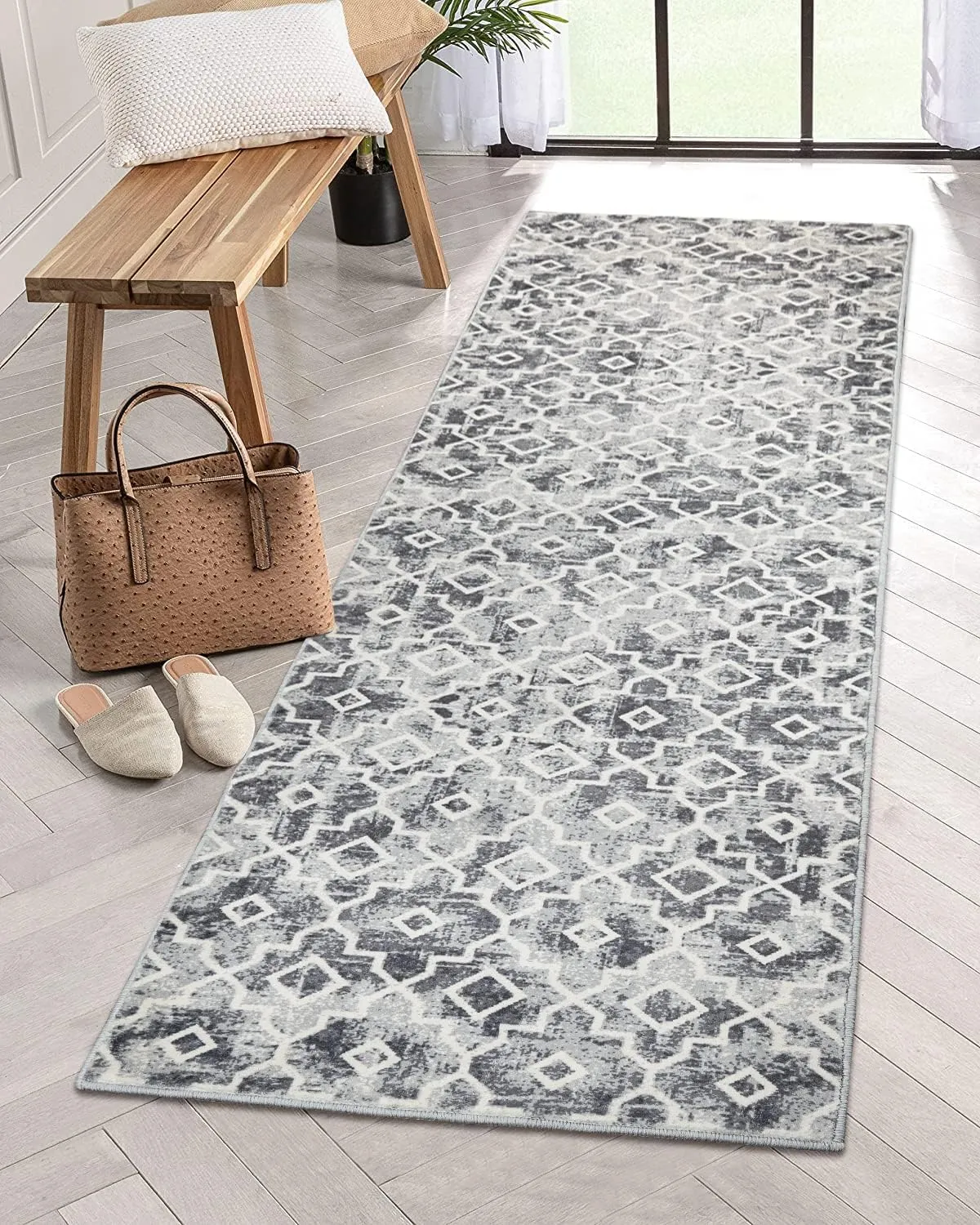 Moynesa Moroccan Washable Runner Rug 2x7 for Hallway, Boho Non-Slip Low Pile Distressed Grey Carpet for Kitchen Bedroom Bedside with Rubber Backing, Soft Long Indoor Faux Wool Throw Mat