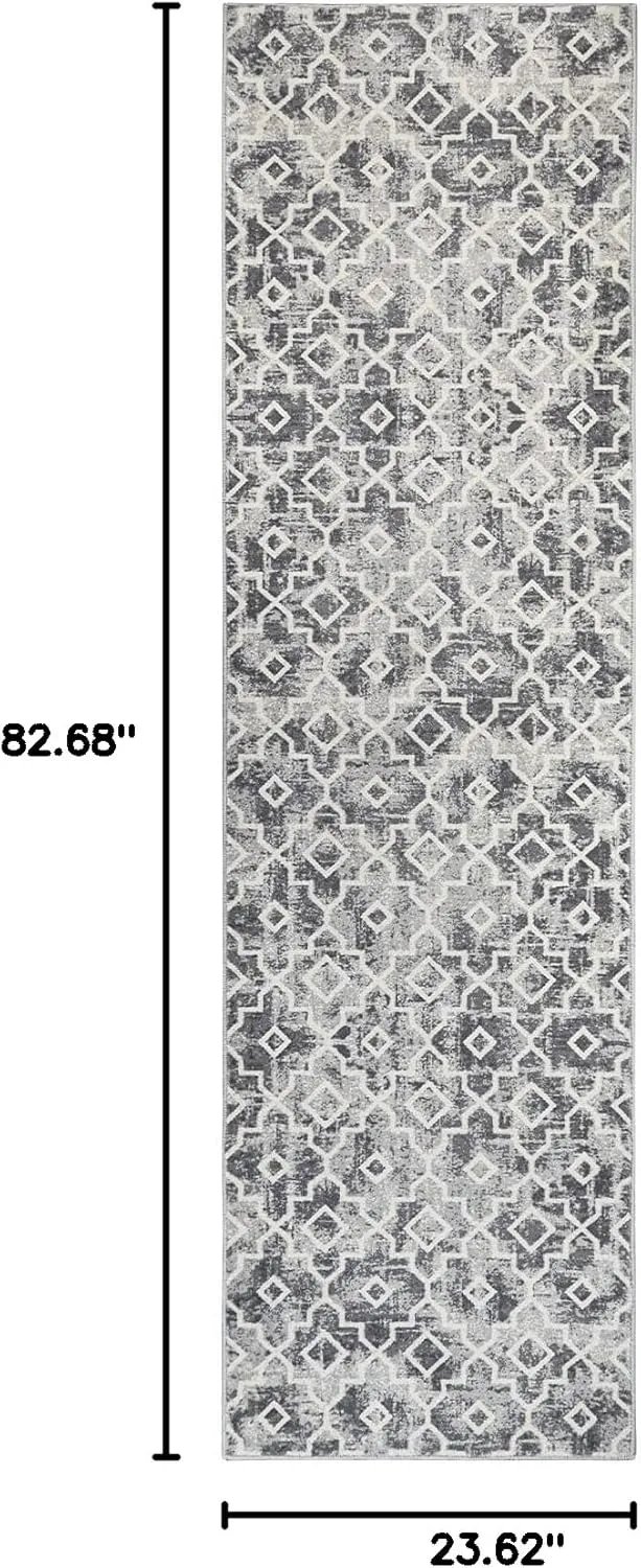 Moynesa Moroccan Washable Runner Rug 2x7 for Hallway, Boho Non-Slip Low Pile Distressed Grey Carpet for Kitchen Bedroom Bedside with Rubber Backing, Soft Long Indoor Faux Wool Throw Mat