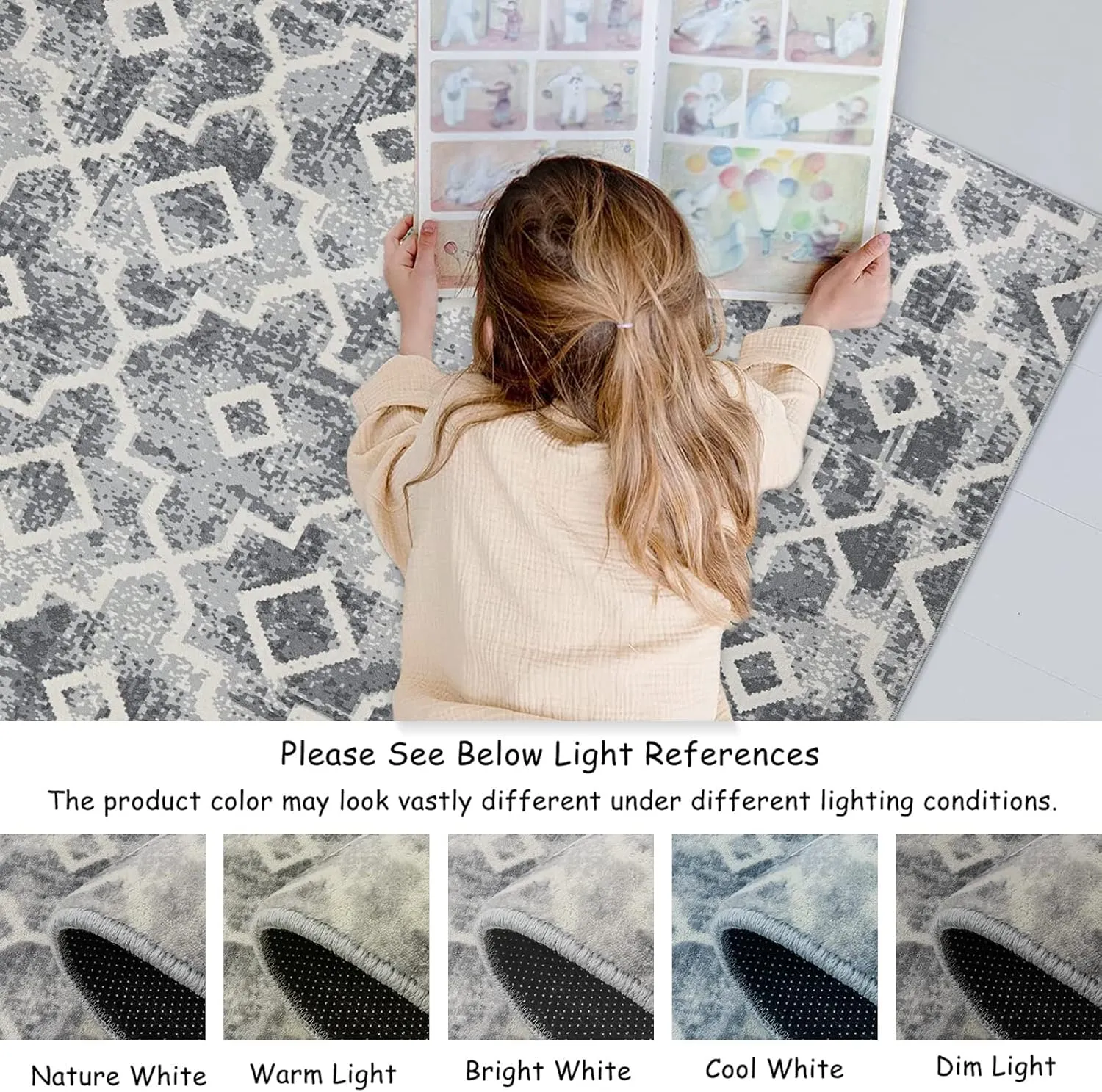 Moynesa Moroccan Washable Runner Rug 2x7 for Hallway, Boho Non-Slip Low Pile Distressed Grey Carpet for Kitchen Bedroom Bedside with Rubber Backing, Soft Long Indoor Faux Wool Throw Mat