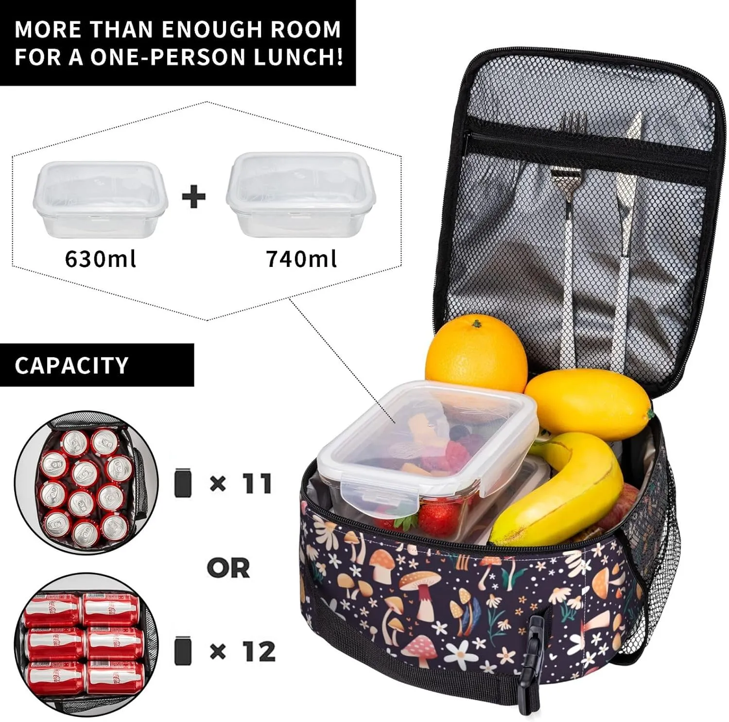 Mushroom Lunch Box Insulated Lunch Bag for Women Reusable Leakproof Cooler Portable Tote Lunchbox for Work Office Travel Picnic