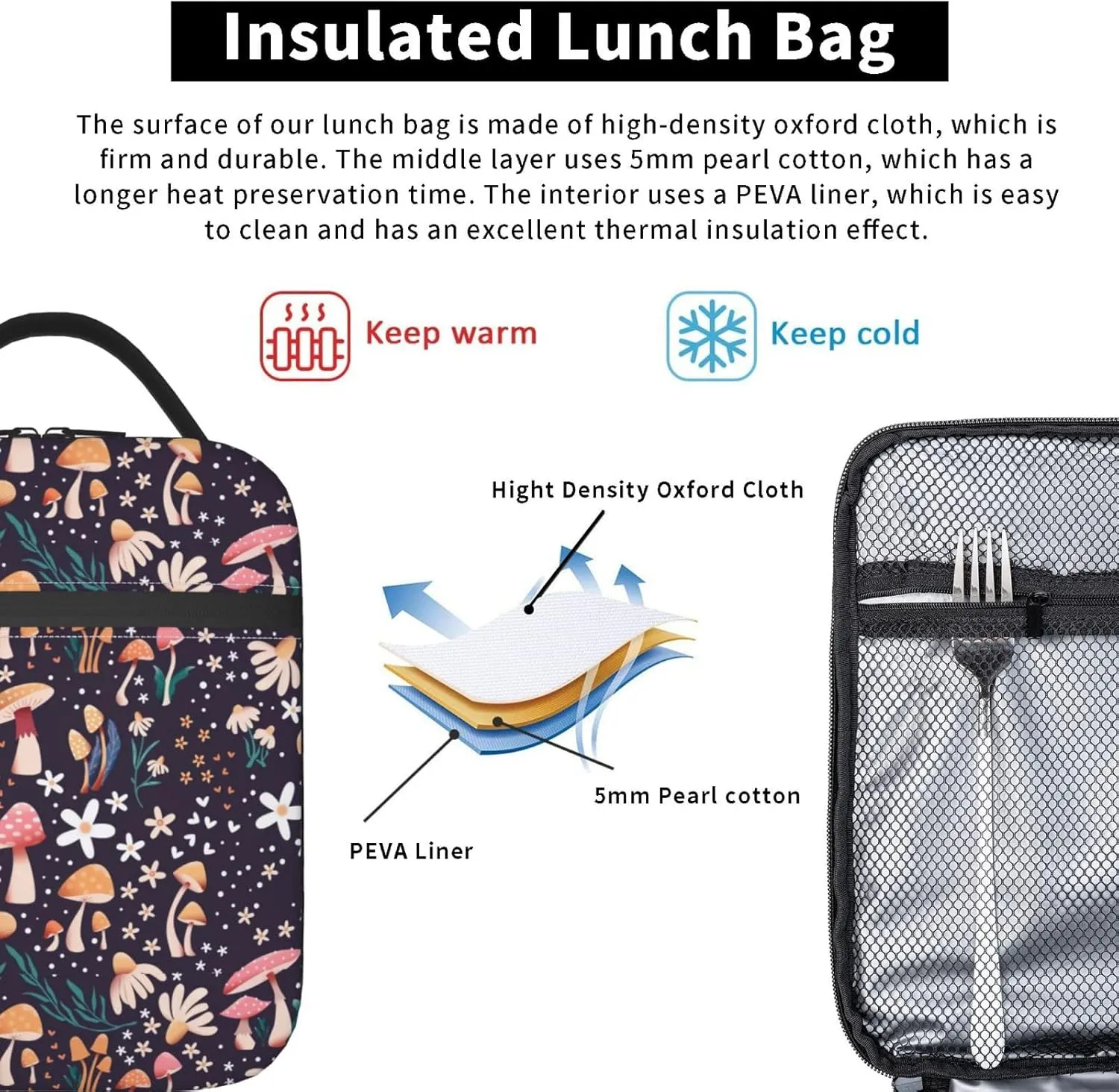 Mushroom Lunch Box Insulated Lunch Bag for Women Reusable Leakproof Cooler Portable Tote Lunchbox for Work Office Travel Picnic