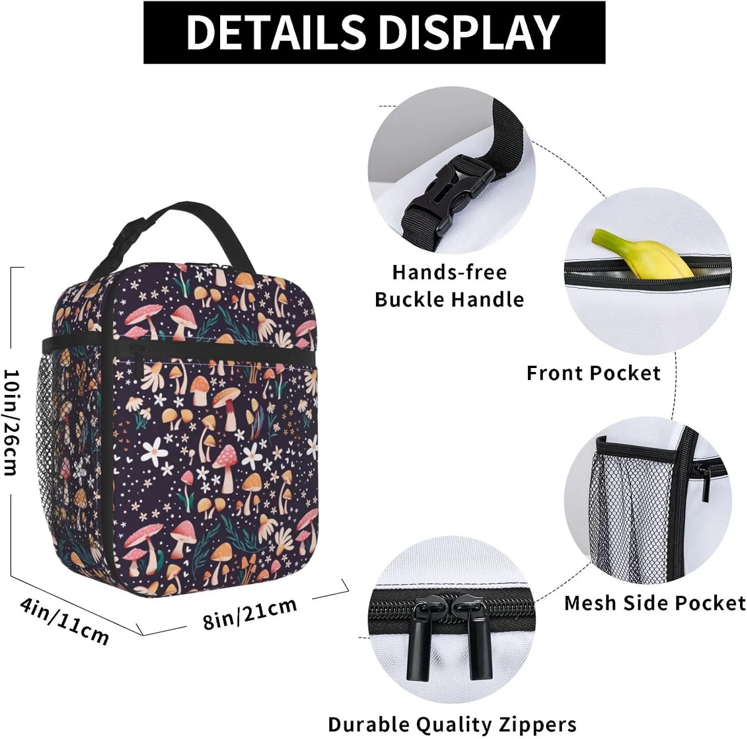 Mushroom Lunch Box Insulated Lunch Bag for Women Reusable Leakproof Cooler Portable Tote Lunchbox for Work Office Travel Picnic