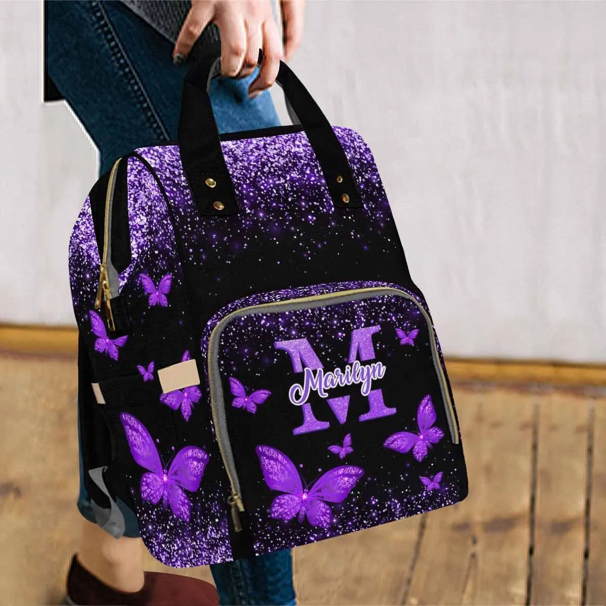 MyPupSocks Personalized Diaper Backpack Butterfly, Custom Sparkle Glitter Diaper Bag for Baby Boy Customized Nappy Bag Shoulder Bags Casual Daypack for Mom Baby Girls Boys Travel