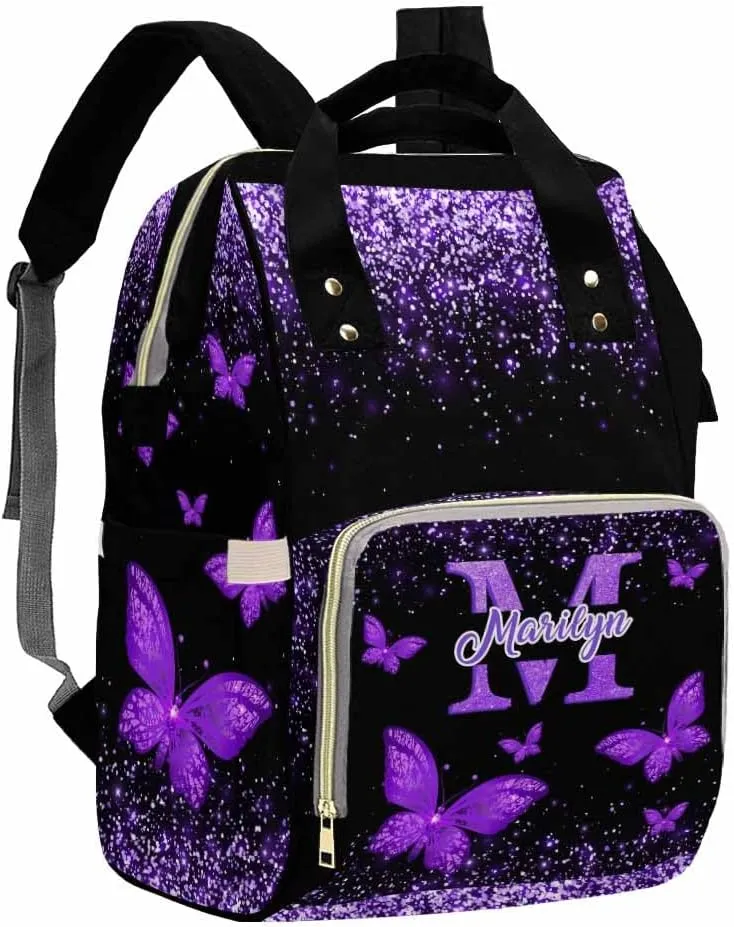 MyPupSocks Personalized Diaper Backpack Butterfly, Custom Sparkle Glitter Diaper Bag for Baby Boy Customized Nappy Bag Shoulder Bags Casual Daypack for Mom Baby Girls Boys Travel