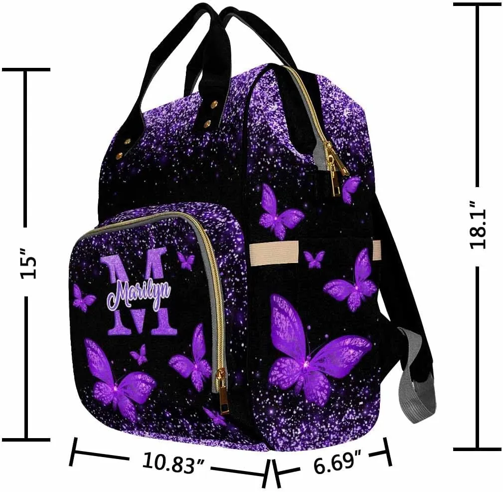 MyPupSocks Personalized Diaper Backpack Butterfly, Custom Sparkle Glitter Diaper Bag for Baby Boy Customized Nappy Bag Shoulder Bags Casual Daypack for Mom Baby Girls Boys Travel