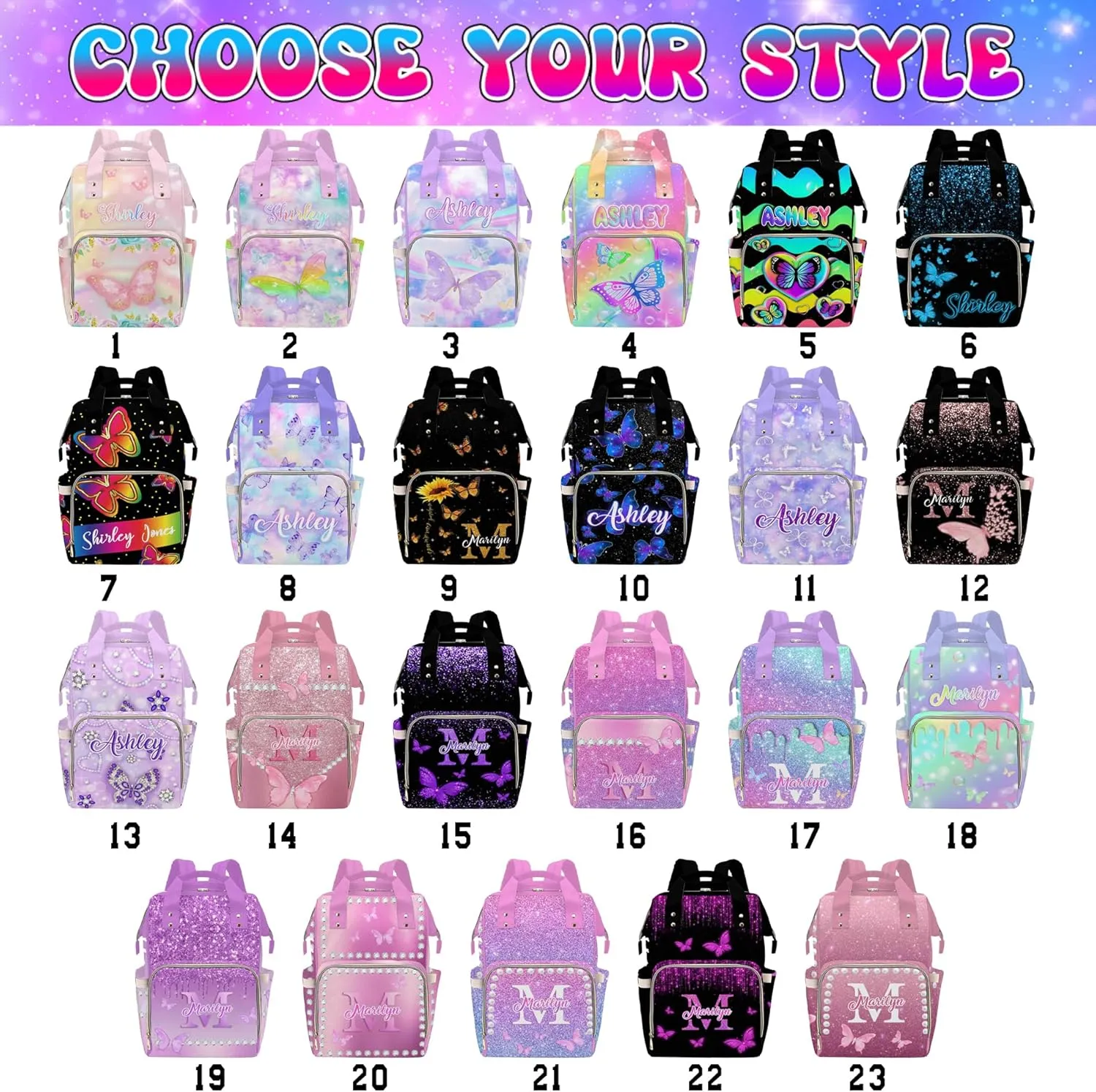 MyPupSocks Personalized Diaper Backpack Butterfly, Custom Sparkle Glitter Diaper Bag for Baby Boy Customized Nappy Bag Shoulder Bags Casual Daypack for Mom Baby Girls Boys Travel
