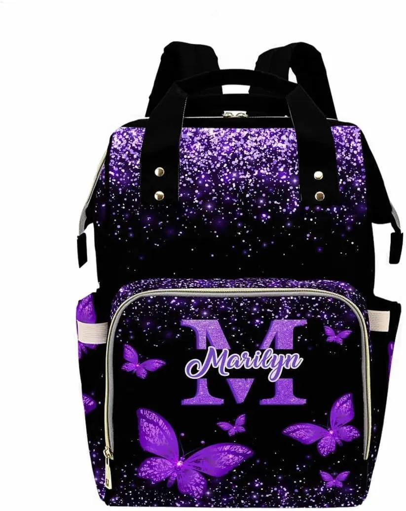 MyPupSocks Personalized Diaper Backpack Butterfly, Custom Sparkle Glitter Diaper Bag for Baby Boy Customized Nappy Bag Shoulder Bags Casual Daypack for Mom Baby Girls Boys Travel