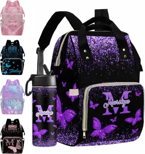 MyPupSocks Personalized Diaper Backpack Butterfly, Custom Sparkle Glitter Diaper Bag for Baby Boy Customized Nappy Bag Shoulder Bags Casual Daypack for Mom Baby Girls Boys Travel