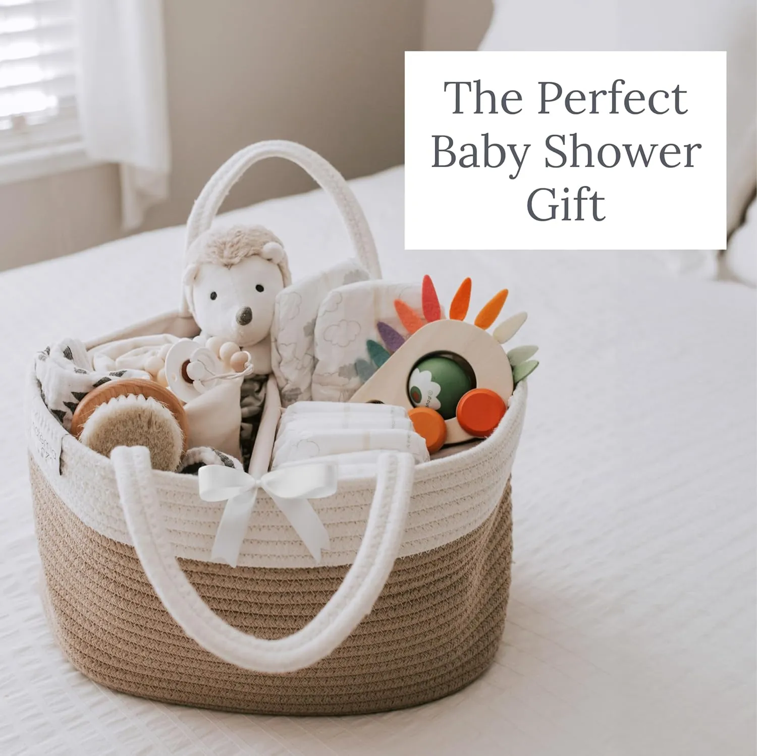 Natemia Premium Baby Diaper Caddy Organizer (Beige Stripe)- Gift for Baby Shower, Registry Must Have - Portable Diaper Organizer for Changing Table - Newborn Essentials - Nursery Basket