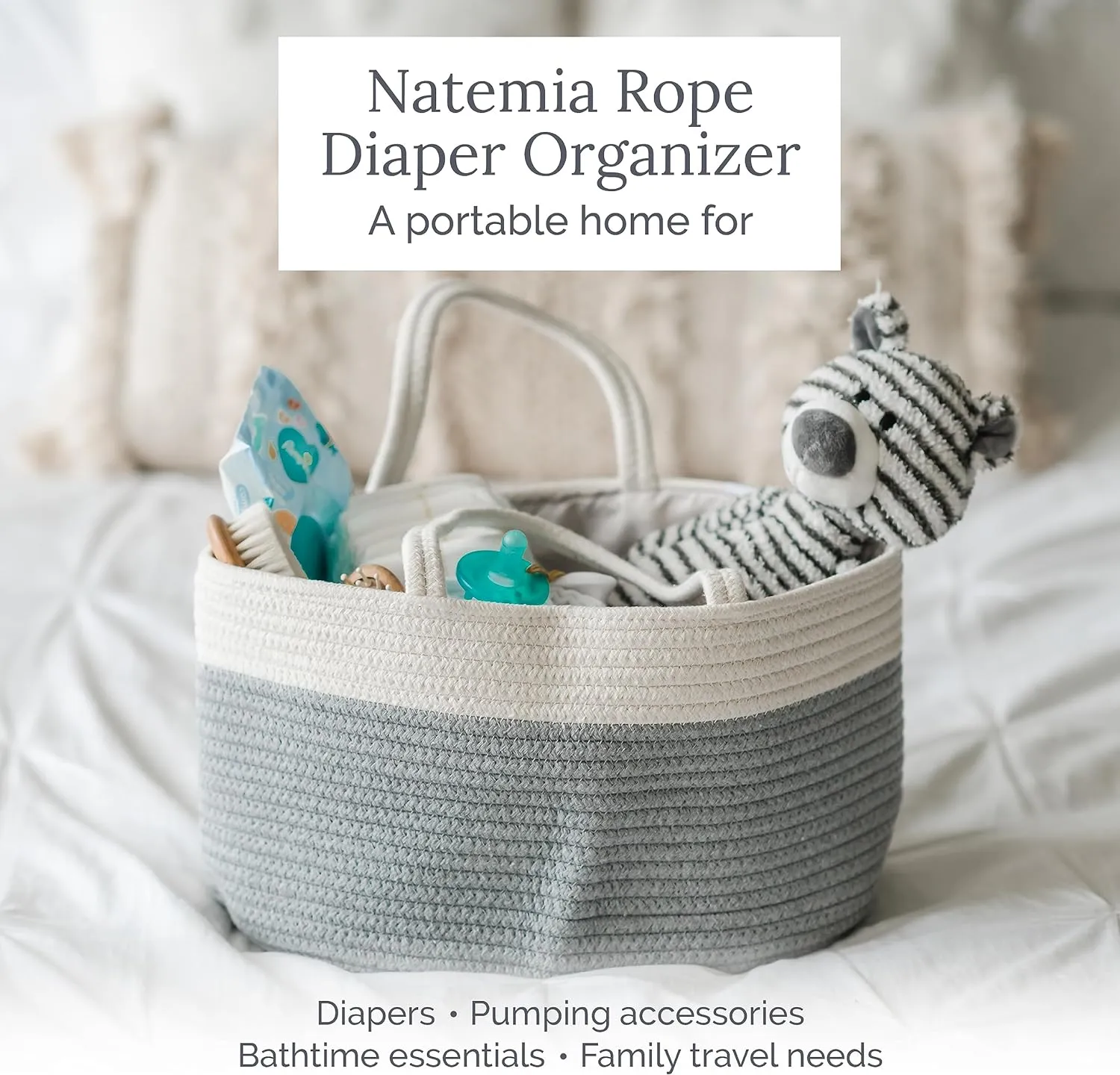 Natemia Premium Baby Diaper Caddy Organizer (Beige Stripe)- Gift for Baby Shower, Registry Must Have - Portable Diaper Organizer for Changing Table - Newborn Essentials - Nursery Basket