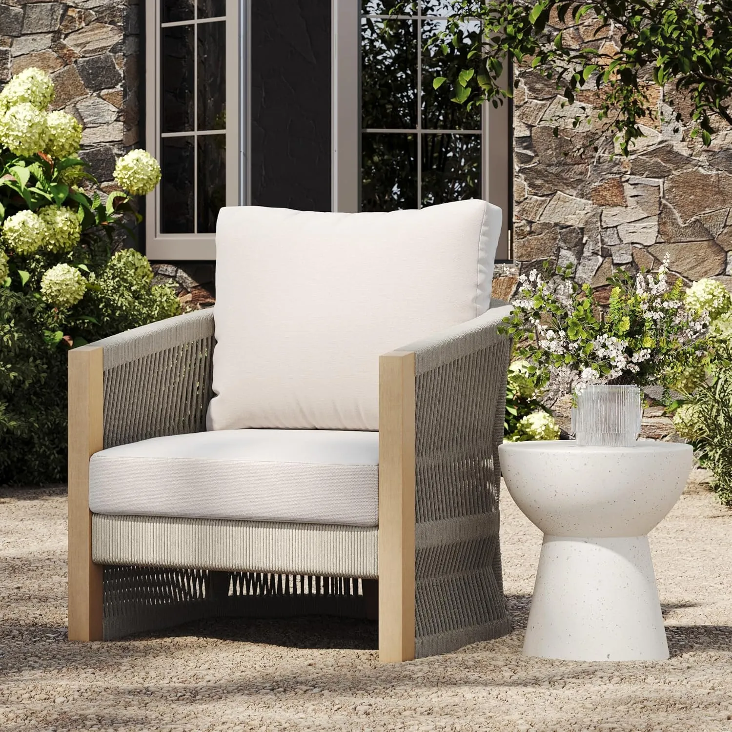 Nathan James Jagger Farmhouse Patio Chair with Cushions, Outdoor Chair for Porch with Solid Wood Acacia Frame, White Cream