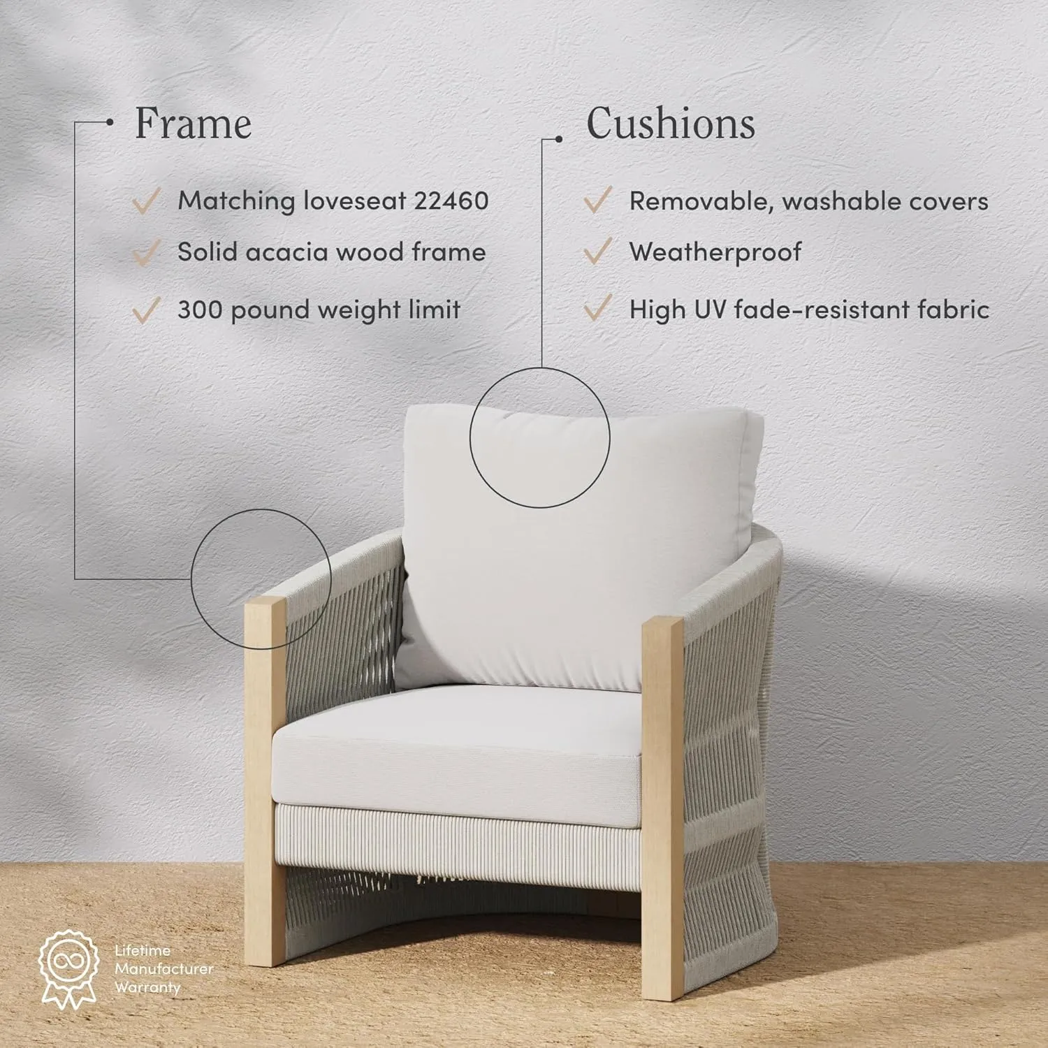 Nathan James Jagger Farmhouse Patio Chair with Cushions, Outdoor Chair for Porch with Solid Wood Acacia Frame, White Cream