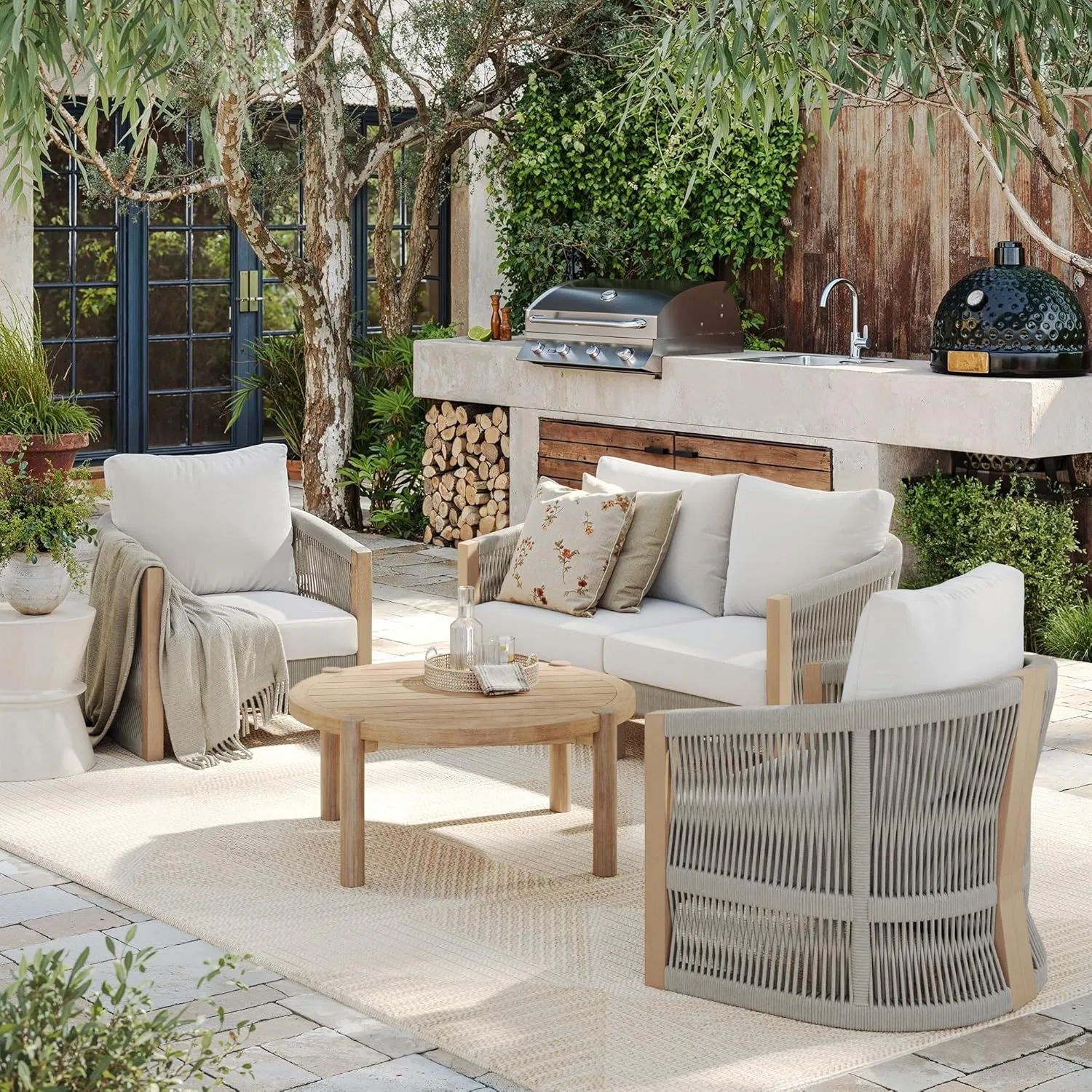 Nathan James Jagger Farmhouse Patio Chair with Cushions, Outdoor Chair for Porch with Solid Wood Acacia Frame, White Cream
