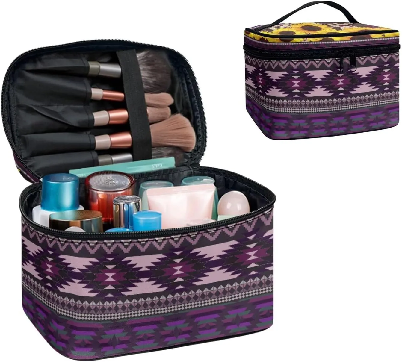 Native Aztec Print Cosmetic Make up Organizer for Women, Tribal American Stripes Travel Toiletry Bag Ladies Medium Makeup Pouch, Purple