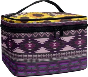 Native Aztec Print Cosmetic Make up Organizer for Women, Tribal American Stripes Travel Toiletry Bag Ladies Medium Makeup Pouch, Purple