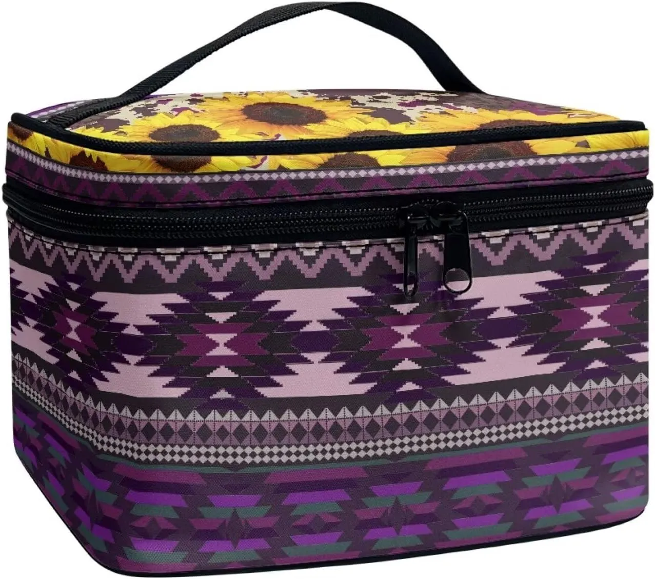 Native Aztec Print Cosmetic Make up Organizer for Women, Tribal American Stripes Travel Toiletry Bag Ladies Medium Makeup Pouch, Purple
