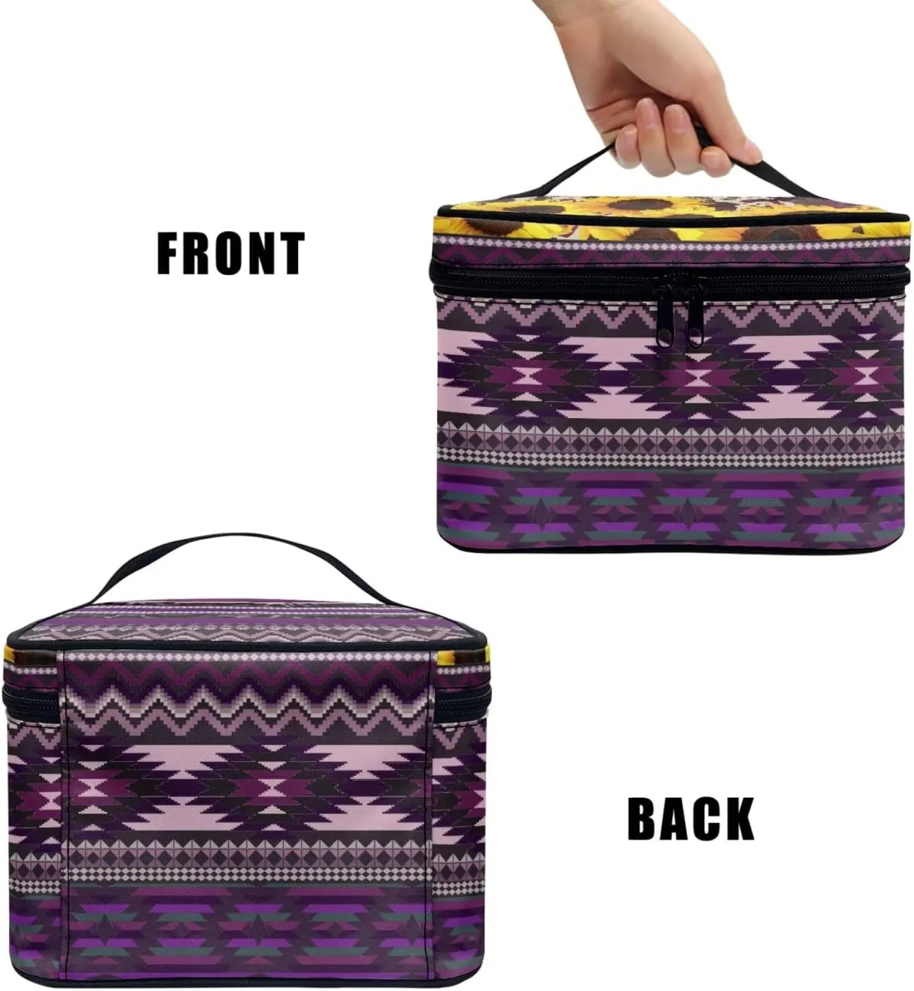Native Aztec Print Cosmetic Make up Organizer for Women, Tribal American Stripes Travel Toiletry Bag Ladies Medium Makeup Pouch, Purple