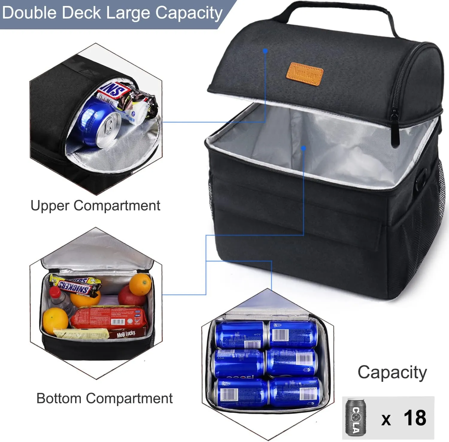 Naukay Dual Compartment Lunch Bag for Women Men, Reusable Insulated Lunch Bags Leakproof Large Lunch Box Cooler Tote Bag with Adjustable Shoulder Strap for Office Work Picnic Hiking Beach Party,Black