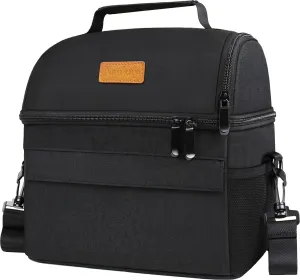 Naukay Dual Compartment Lunch Bag for Women Men, Reusable Insulated Lunch Bags Leakproof Large Lunch Box Cooler Tote Bag with Adjustable Shoulder Strap for Office Work Picnic Hiking Beach Party,Black