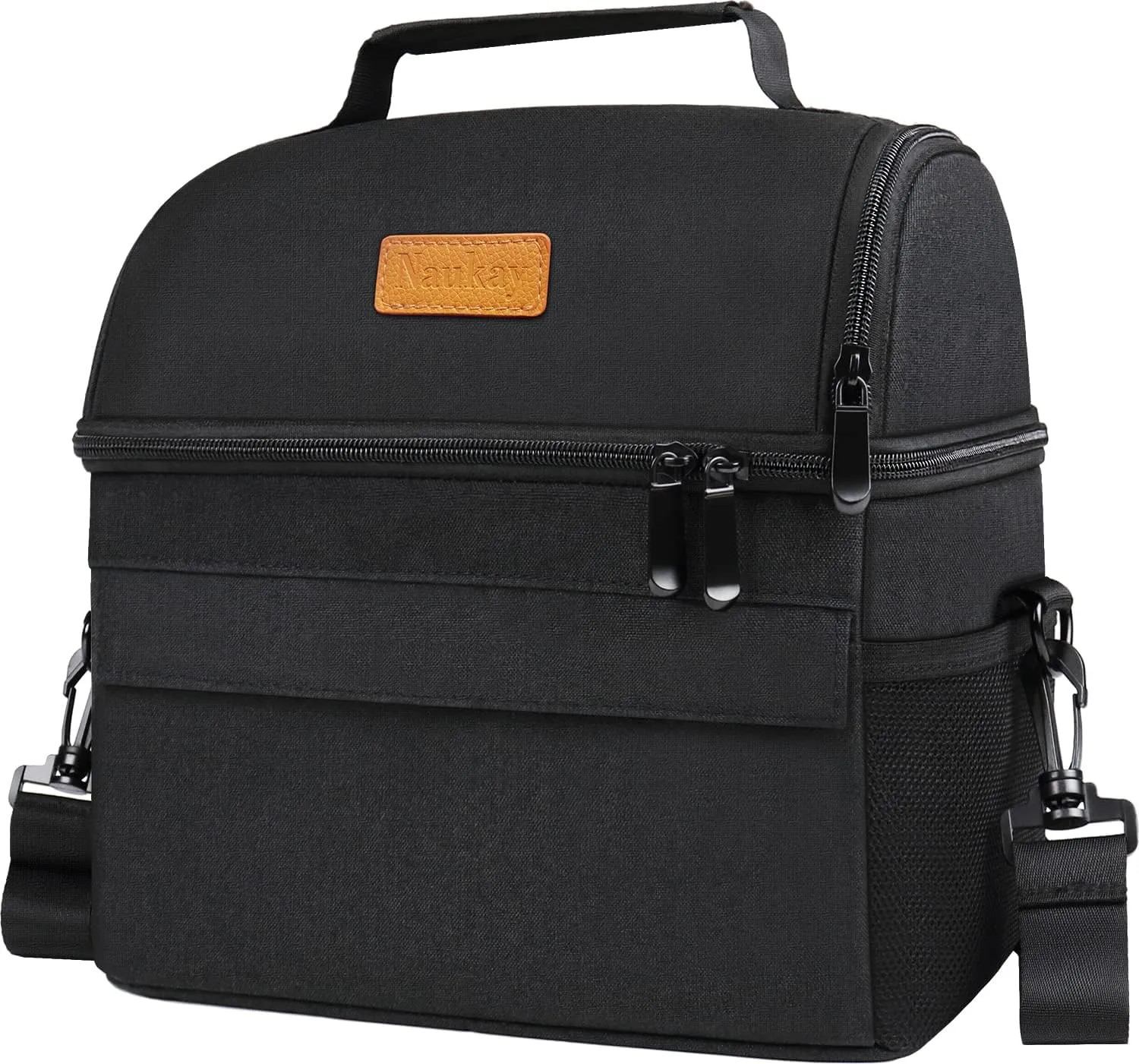 Naukay Dual Compartment Lunch Bag for Women Men, Reusable Insulated Lunch Bags Leakproof Large Lunch Box Cooler Tote Bag with Adjustable Shoulder Strap for Office Work Picnic Hiking Beach Party,Black