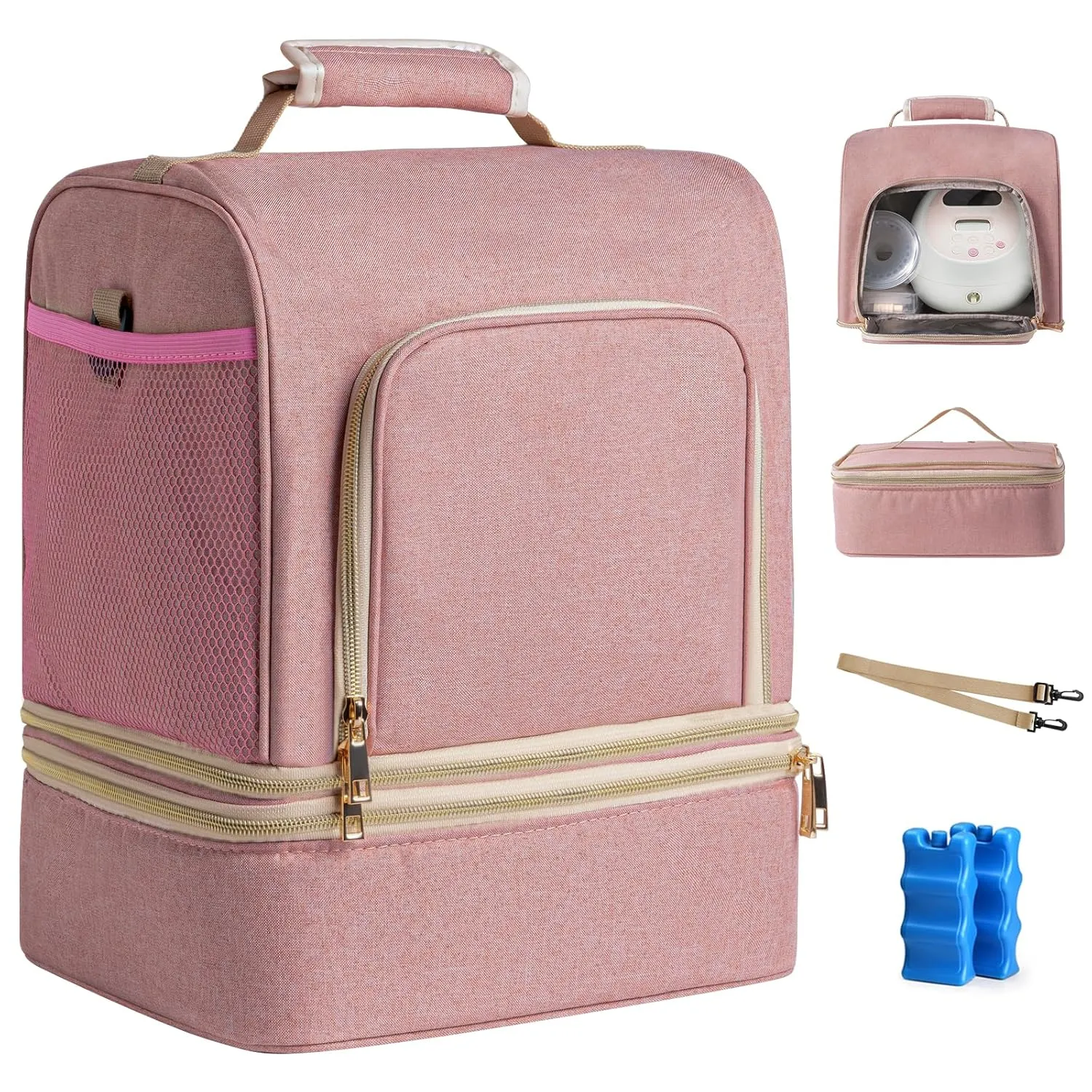 NCVI Breast Pump Bag, Double Layer Removable Pump Bag for Spectra S1, S2, Medela, Breast Pump Backpack with Ice Pack, Insulated Breast Milk Cooler Travel Bag for Working Nursing Moms, Pink