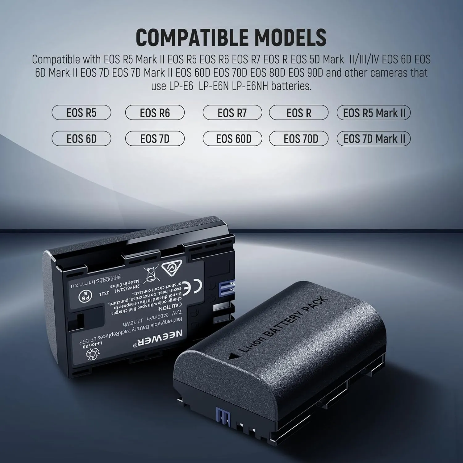 NEEWER 2 Pack 2400mAh LP-E6P/LP-E6NH/LP-E6N/LP-E6 Replacement Battery & Vertical USB Dual Charger with LCD for EOS R5 Mark II EOS R5 EOS R6 EOS R7 EOS R 5D II III IV 6D 6D II 7D 7D II 60D 70D 80D 90D
