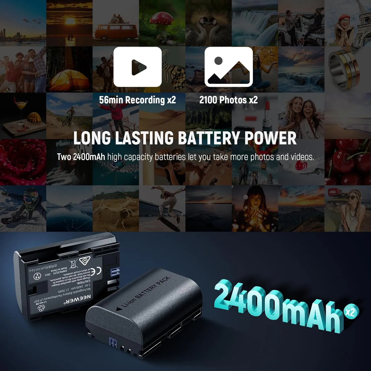 NEEWER 2 Pack 2400mAh LP-E6P/LP-E6NH/LP-E6N/LP-E6 Replacement Battery & Vertical USB Dual Charger with LCD for EOS R5 Mark II EOS R5 EOS R6 EOS R7 EOS R 5D II III IV 6D 6D II 7D 7D II 60D 70D 80D 90D
