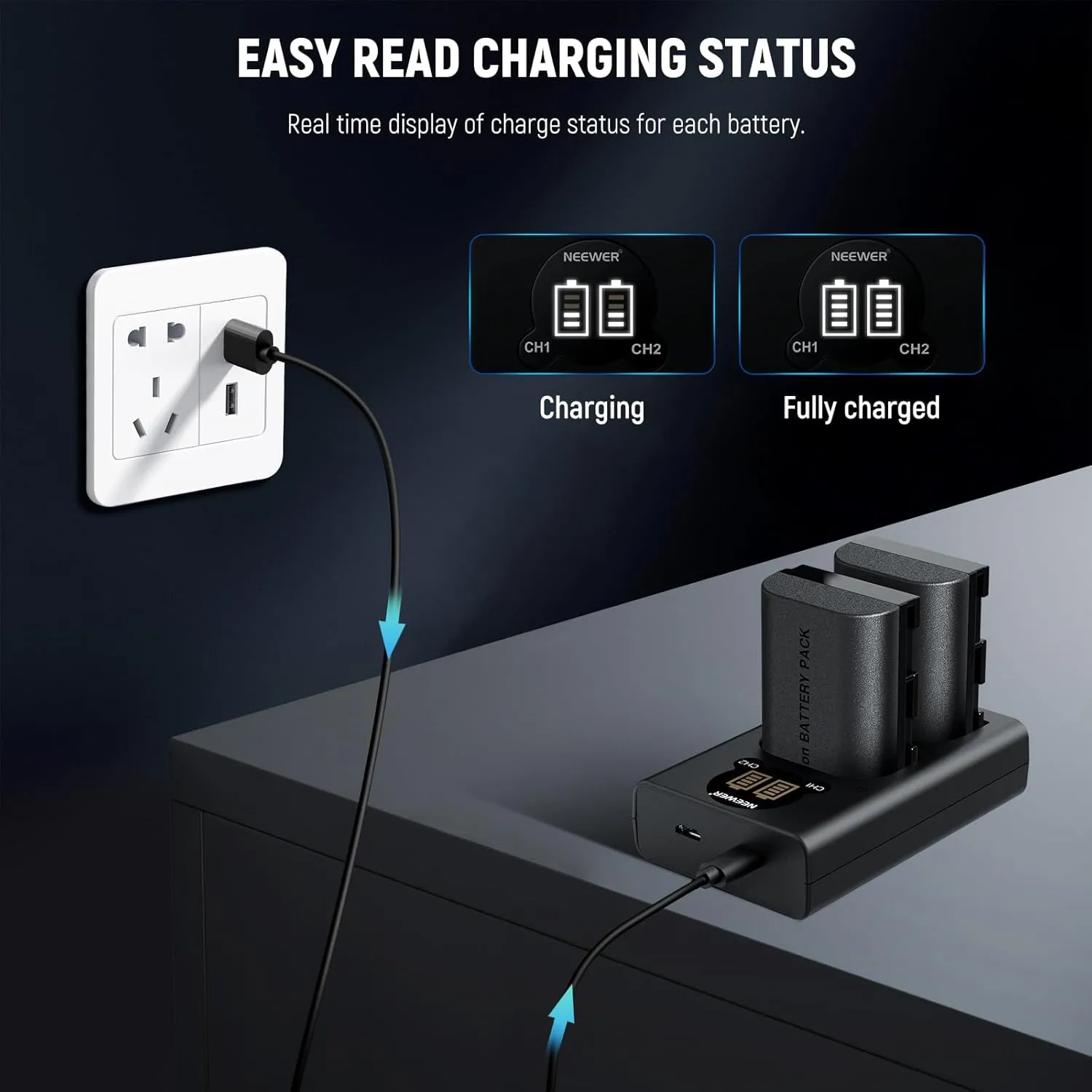NEEWER 2 Pack 2400mAh LP-E6P/LP-E6NH/LP-E6N/LP-E6 Replacement Battery & Vertical USB Dual Charger with LCD for EOS R5 Mark II EOS R5 EOS R6 EOS R7 EOS R 5D II III IV 6D 6D II 7D 7D II 60D 70D 80D 90D