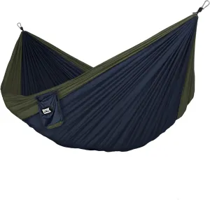 Neolite Double Camping Hammock - Lightweight Portable Nylon Parachute Hammock for Backpacking, Travel, Beach, Yard. Hammock Straps & Steel Carabiners Included (Olive Green/Navy)