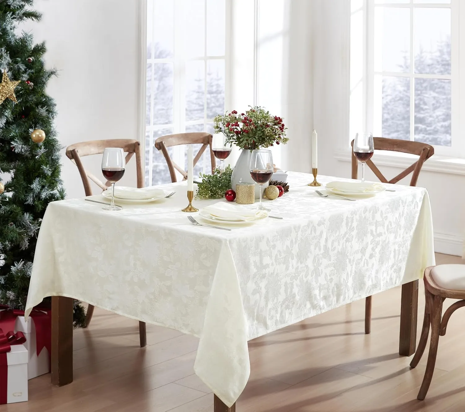 Newbridge “Christmas Carol” Holiday Noel Damask Tablecloth, Holly Leaf and Poinsettia Weave Damask Soil Resistant, Wrinkle Free Easy Care Tablecloth, 60” x 120” Oblong/Rectangle, Ivory