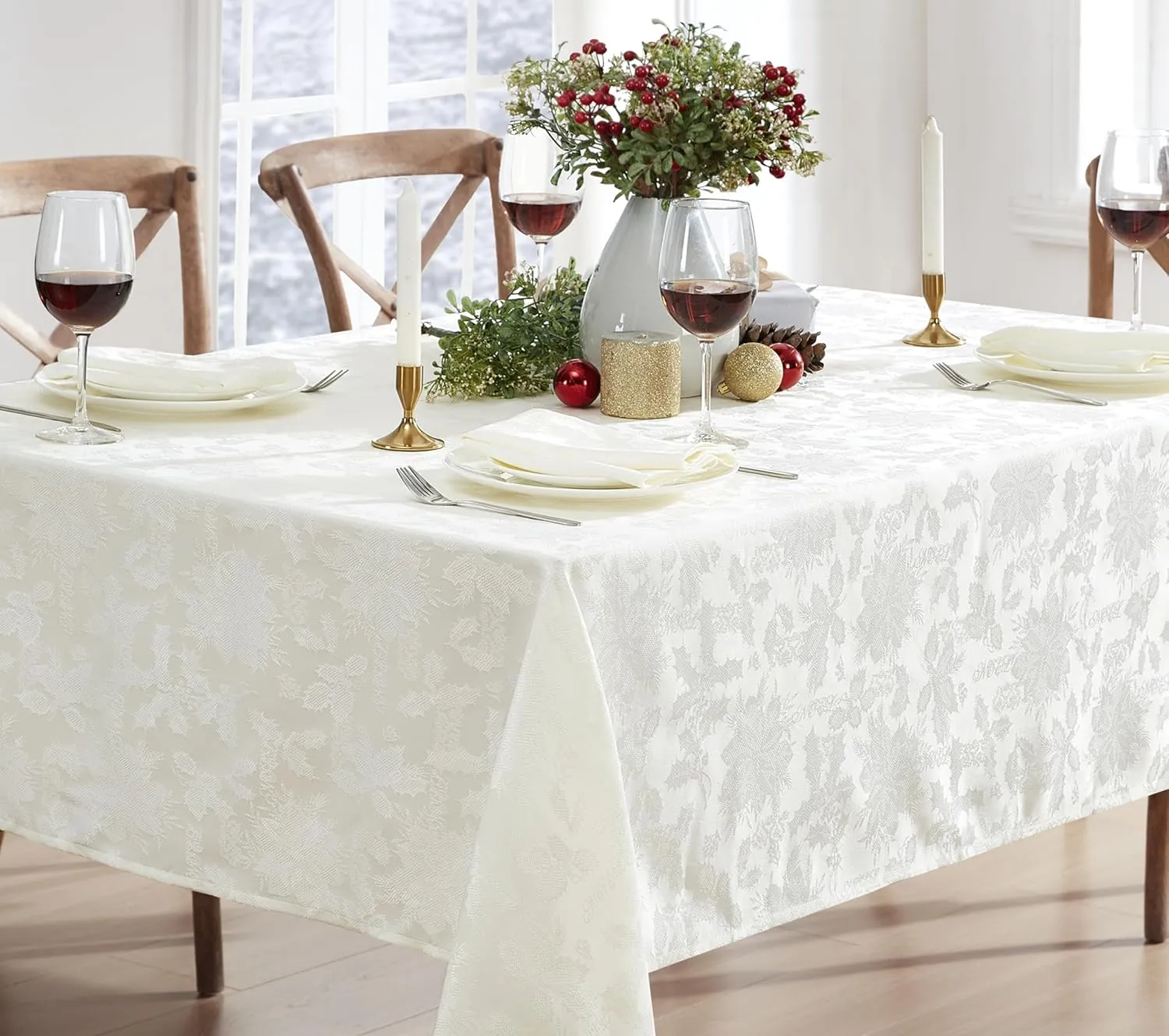 Newbridge “Christmas Carol” Holiday Noel Damask Tablecloth, Holly Leaf and Poinsettia Weave Damask Soil Resistant, Wrinkle Free Easy Care Tablecloth, 60” x 120” Oblong/Rectangle, Ivory