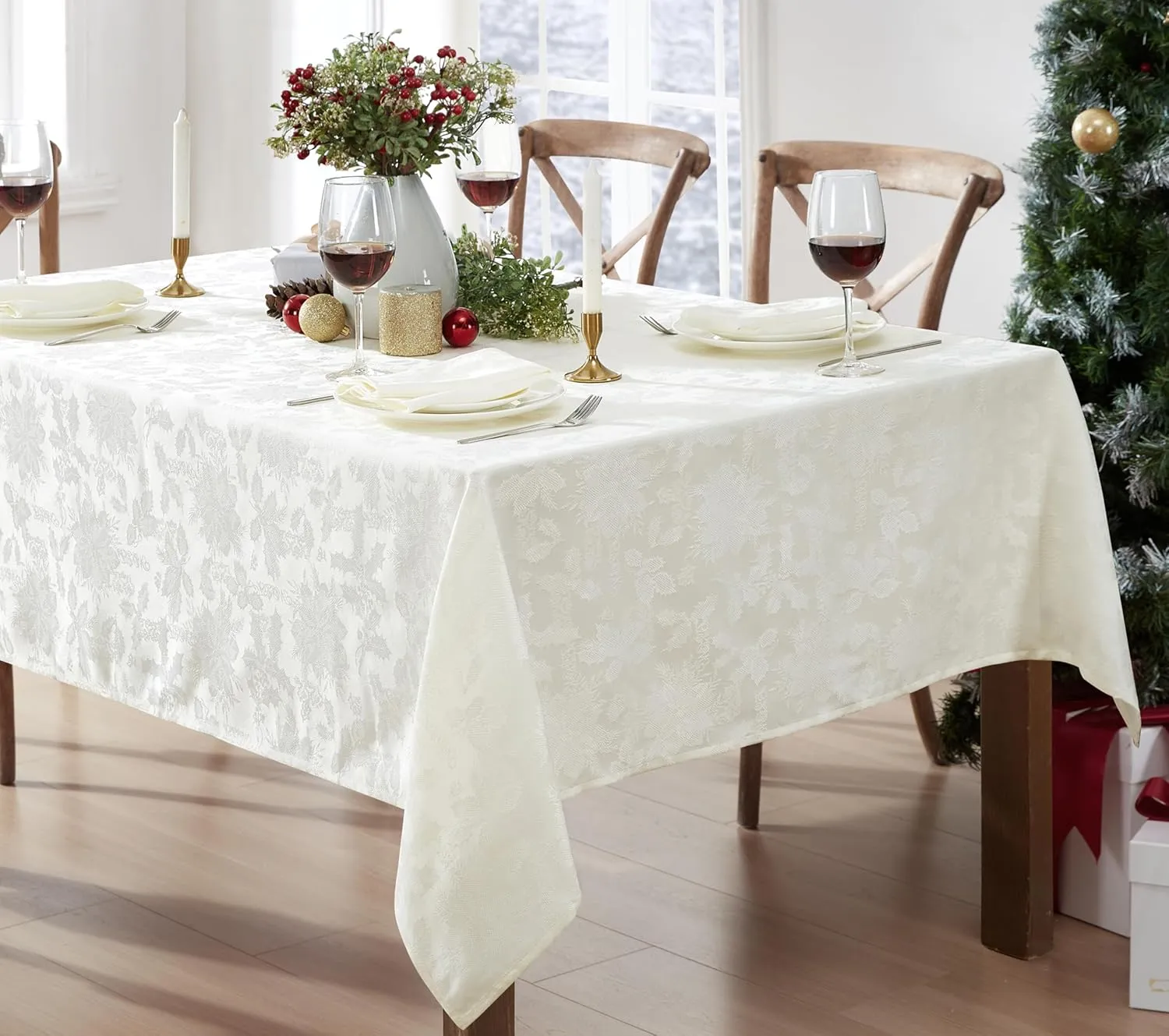 Newbridge “Christmas Carol” Holiday Noel Damask Tablecloth, Holly Leaf and Poinsettia Weave Damask Soil Resistant, Wrinkle Free Easy Care Tablecloth, 60” x 120” Oblong/Rectangle, Ivory